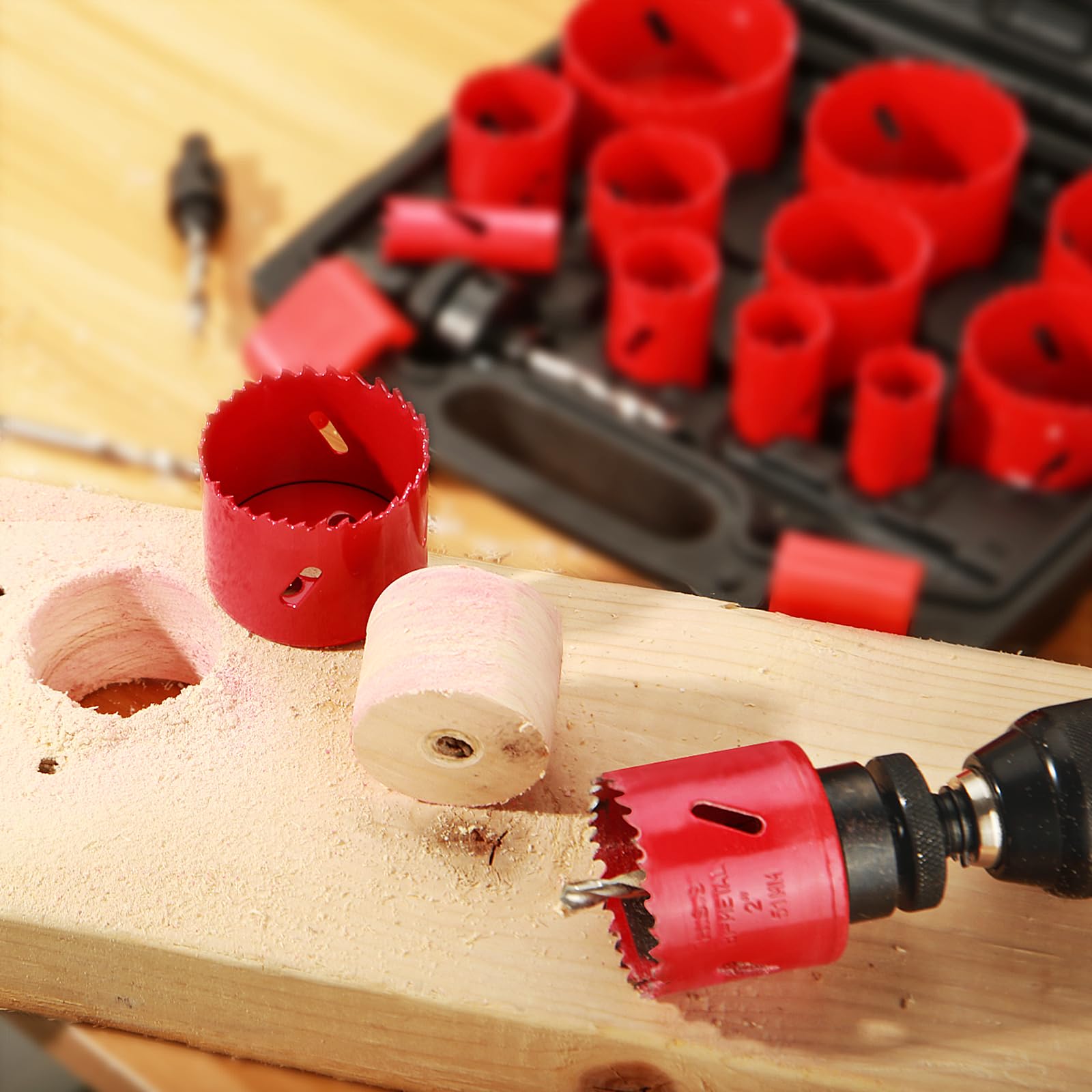 HYCHIKA - Kit per sega a tazza bimetallica, 17 pezzi, in acciaio ad alta velocità, da 3/4" a 2-1/2", in custodia con mandrini, punta per sega a tazza, sega a tazza per metallo sottile, legno duro,