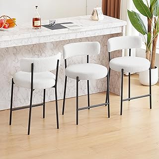 Furnilivng 24'' Bar Stools Set of 3, Modern Boucle Counter Height Bar Stools with Curved Back and Black Metal Frame, Upholstered Kitchen Stools, Barstools for Kitchen Island, Bar, Pure White