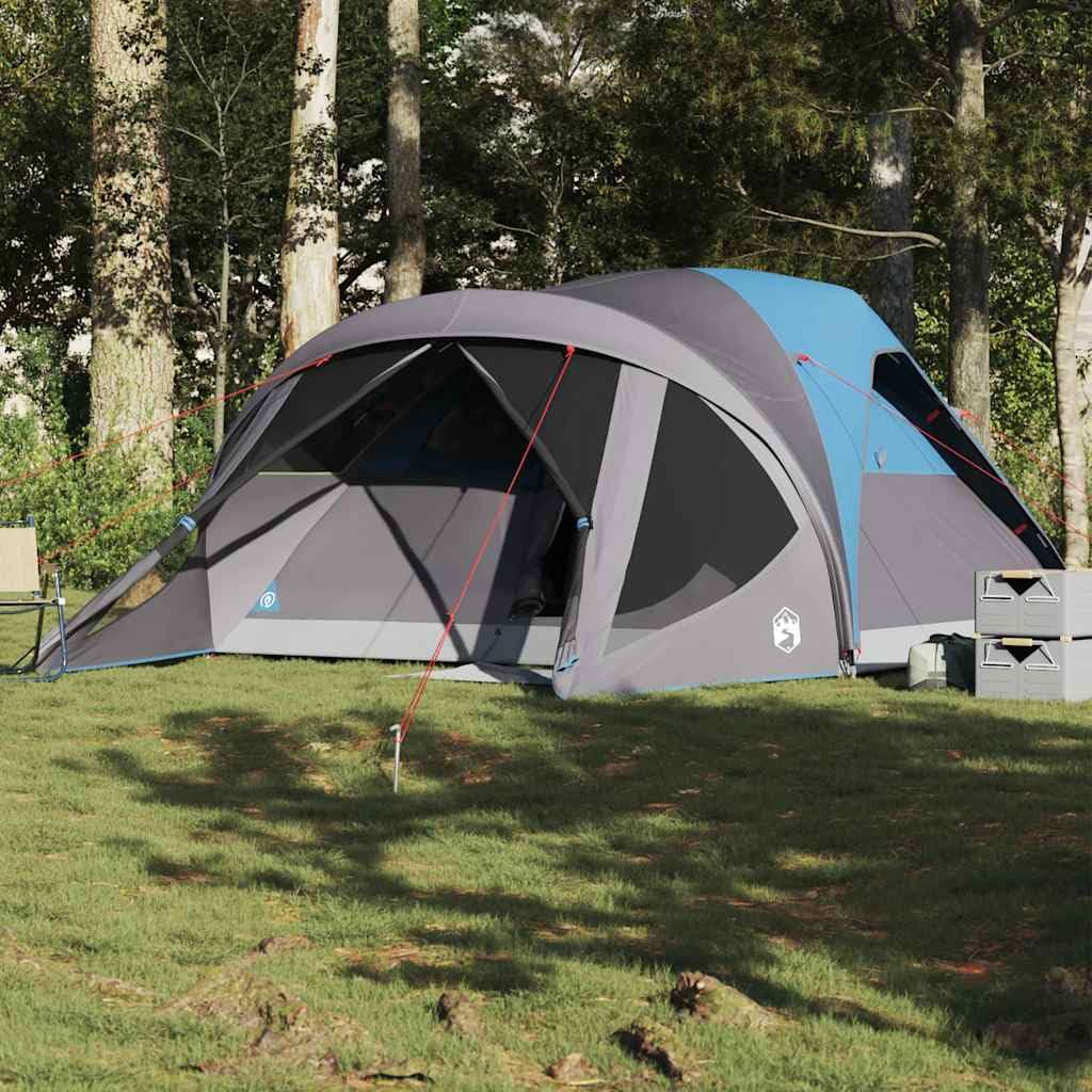 Tunel Family Tent dla 6 osób, wodoodporny, niebieski, 411 x 325 x 180 cm, przenośny schronisko kempingowe z portem elektrycznym, idealny do przygód na świeżym powietrzu i podróży grupowych
