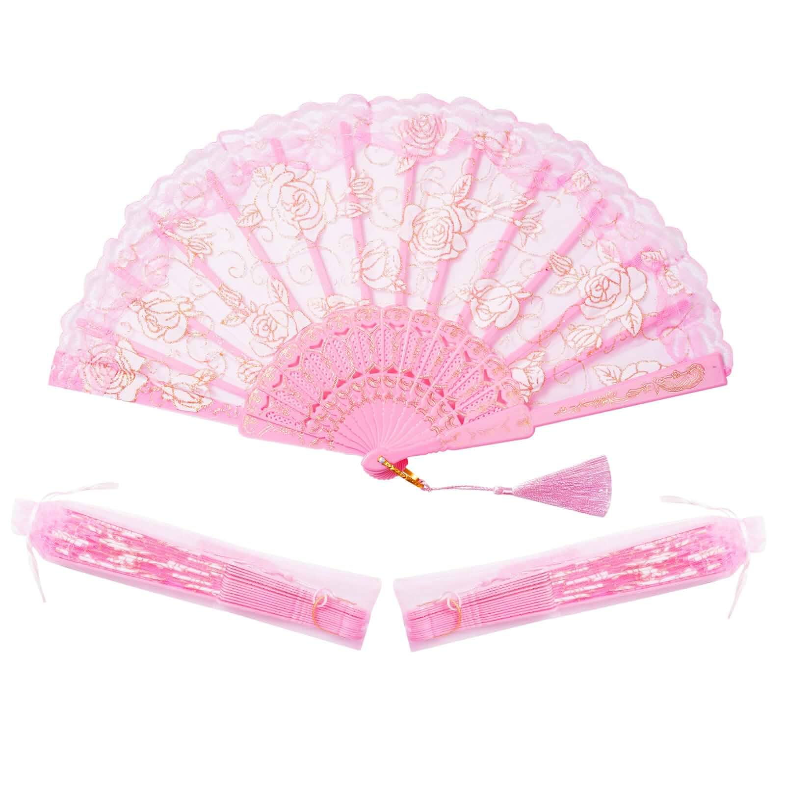 Sepwedd 30pcs Pink Rose Lace Floral Folding Hand Fans Chinese retro folding fan Bridal Dancing Props Church Wedding party favors with Organza Bags Corded Electric