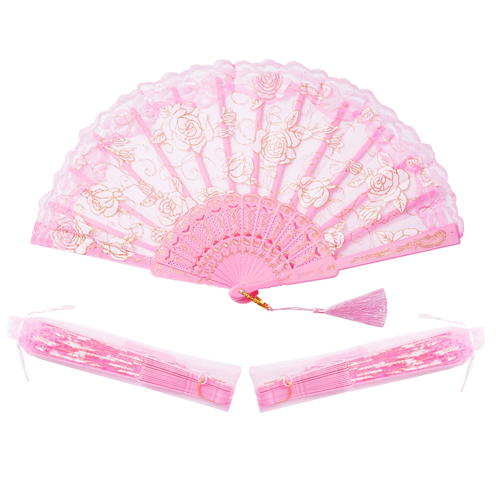 Sponsored Ad - 30pcs Pink Rose Lace Floral Folding Hand Fans Chinese retro folding fan Bridal Dancing Props Church Wedding party favors with Organza Bags