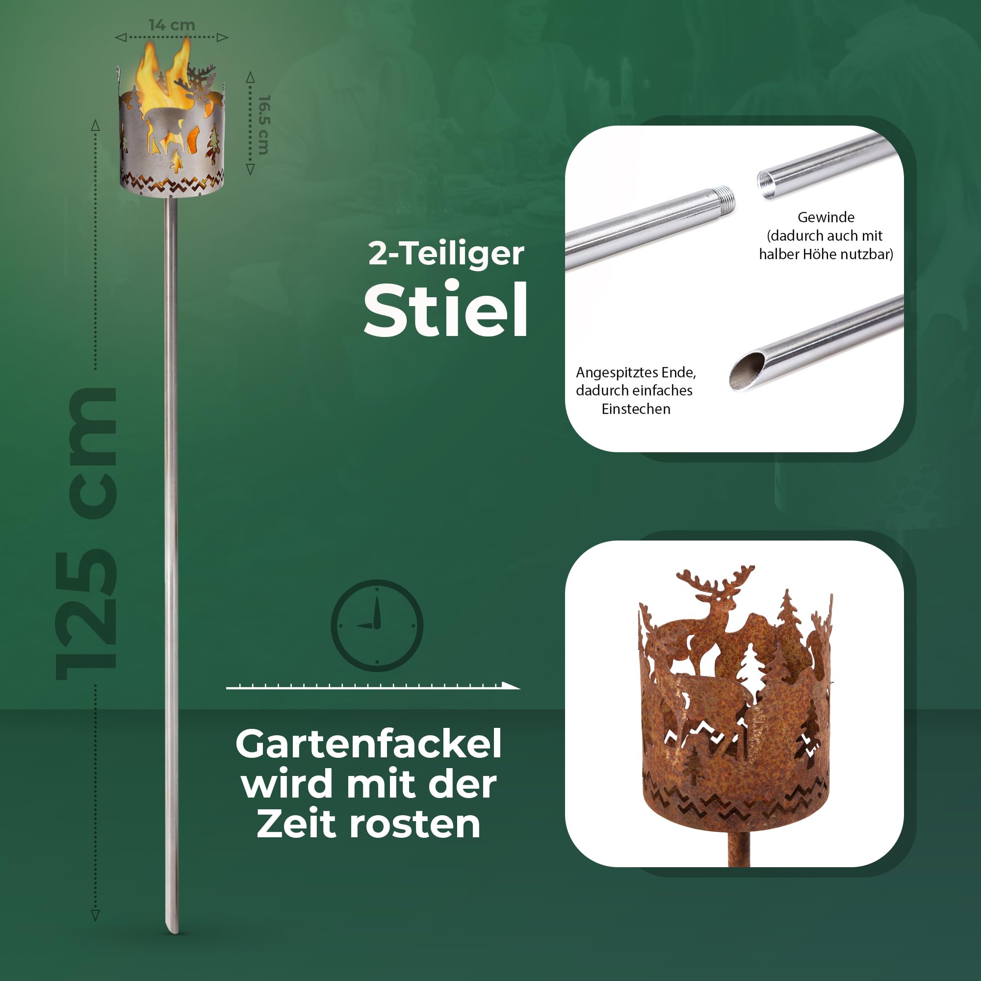 Novaliv Pochodnia ogrodowa, jeleń, misa paleniskowa, metal z trzonkiem, lampa solarna LED