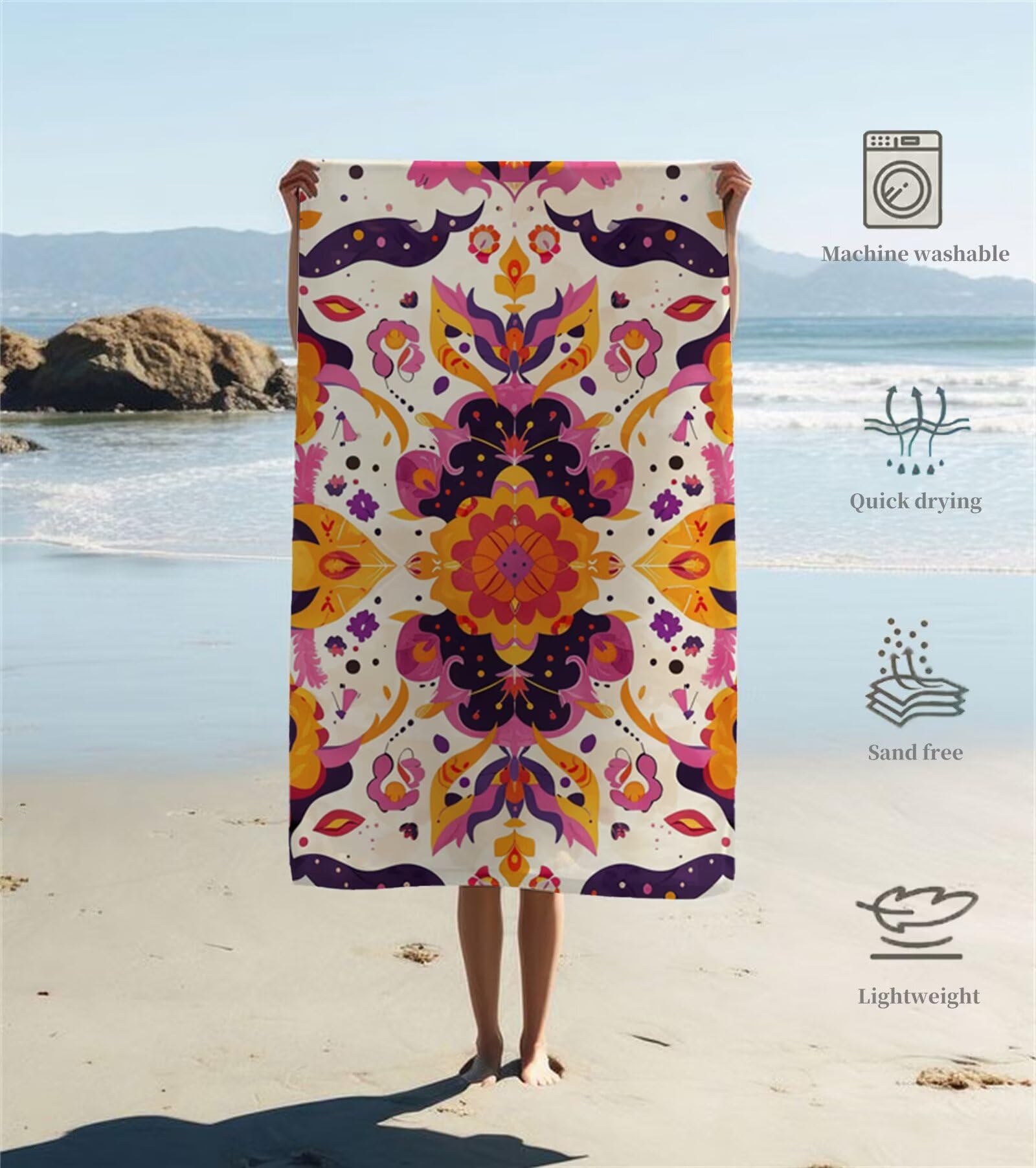 Ręcznik plażowy z mikrofibry 220 x 100 cm duży abstrakcyjny pomarańczowy ręcznik kąpielowy mata plażowa anty piasek, ręczniki sportowe, szybkoschnące, kompaktowe i lekkie, do sportu, podróży, sauny