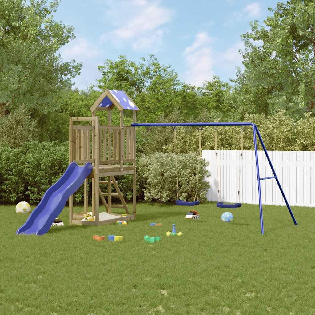 Torre da gioco in legno di pino impregnato con scivolo ondulato e doppia altalena per giardino, casetta giochi per esterni con sabbiera, struttura da arrampicata, scala, altalena