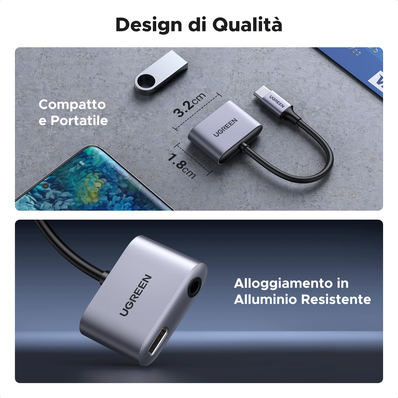 UGREEN Adattatore USB C a Jack 3,5 mm Ricarica Rapida PD 30W Chip DAC per Cuffie Tipo C
