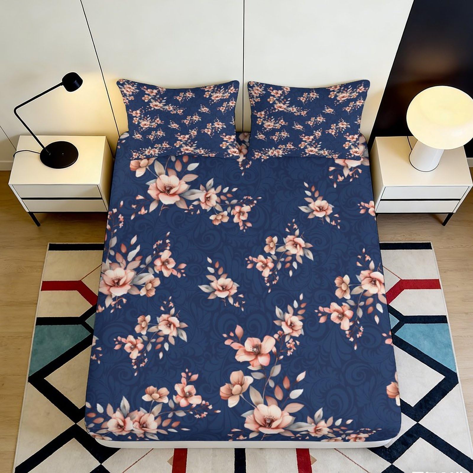 3D Printed Sakura Pattern Fitted Sheet Microfiber Deep Pocket Non-Slip for Bedroom Bedding Sakura Mattress Fitted Cover 180x200x25cm