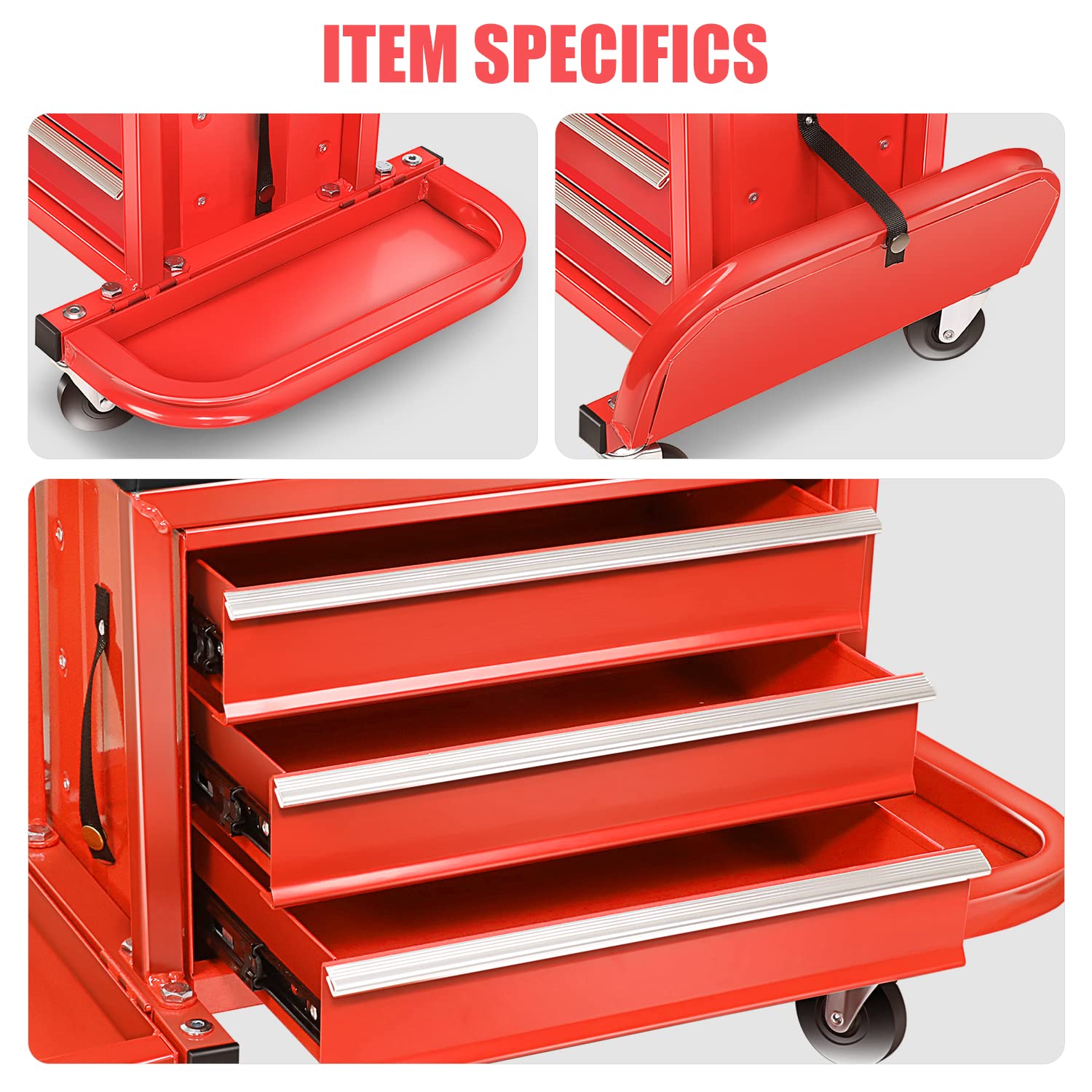 DNA MOTORING TOOLS-00261 Mechanikersitz mit 3 Schubladen, Rollstuhl mit Werkzeugablagen, max. Tragkraft 158,8 kg, Metall, Rot/Ausflug, einfarbig (Getaway Solids)