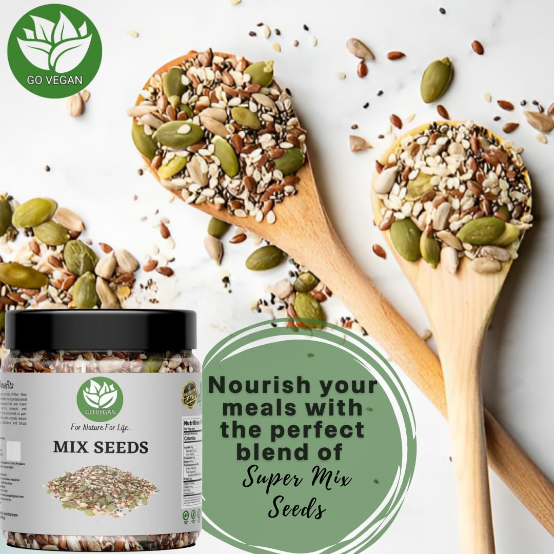 Go Vegan Mix Seeds For Eating 250gm | 5 in 1 Super Seeds Mix of Sunflower, Pumpkin, Flax, Watermelon & Chia Seeds (jar pack)
