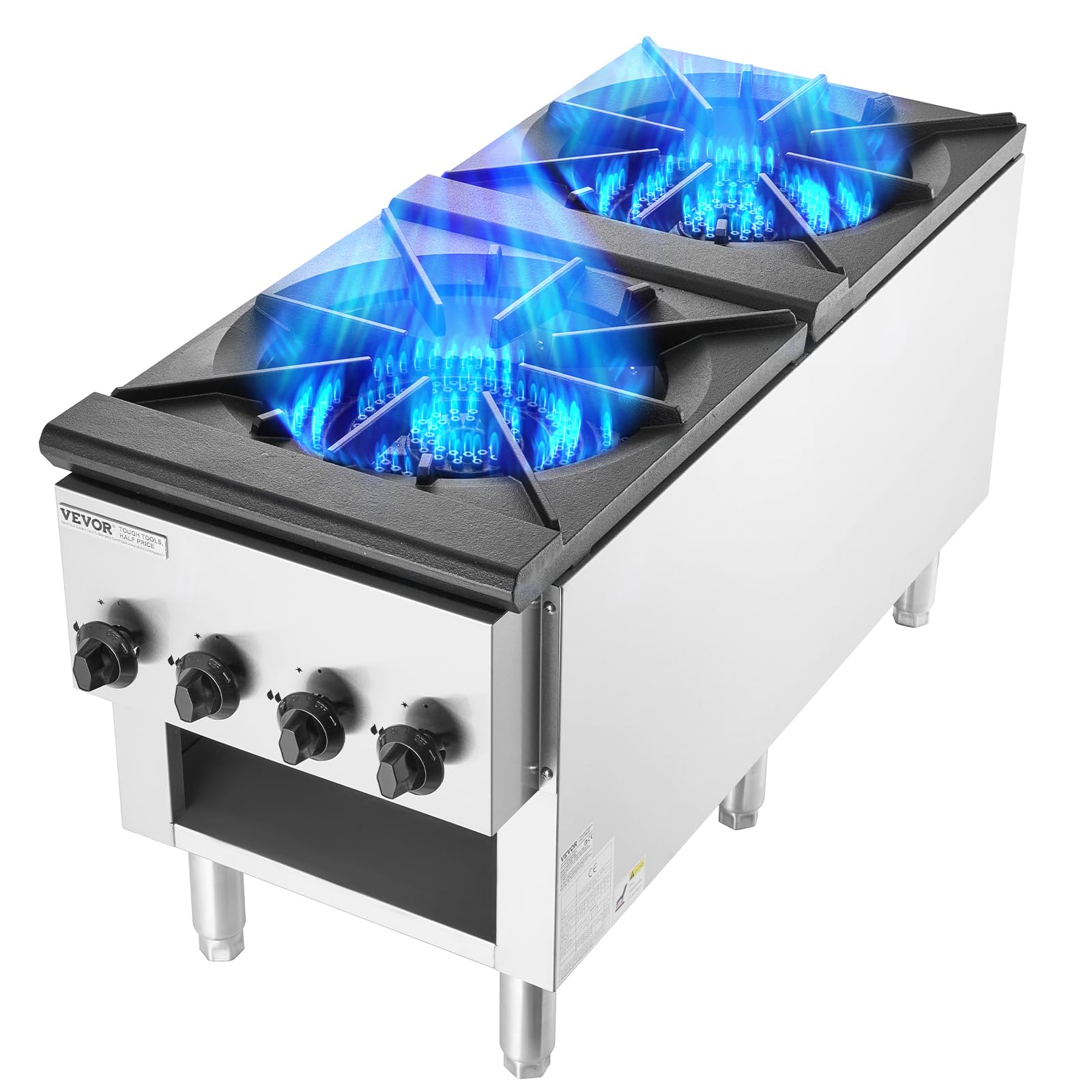 VEVOR Cuisinière à Gaz Commerciale 2 Brûleurs, Plaque de Cuisson de Comptoir au Propane et au Gaz Naturel, 52 kW, en Acier Inoxydable, avec Armoire, Équipement de Cuisson Commercial pour Restaurant