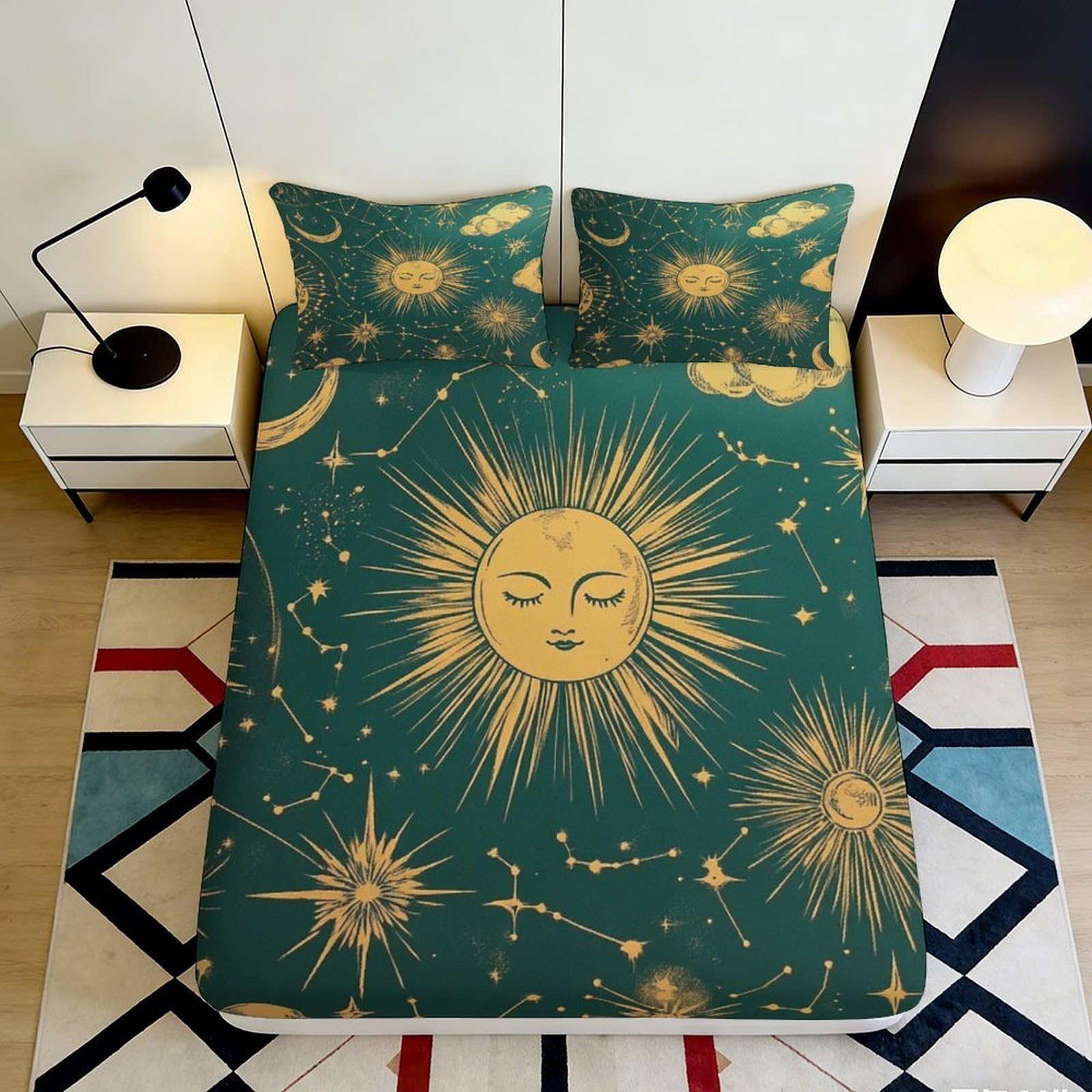 3D Printed Celestial Sun Fitted Sheet Microfiber Soft Breathable Constellation Mattress Cover for Bedroom Dormitory Guest Room Mattress Protection Decor 120x200x25cm