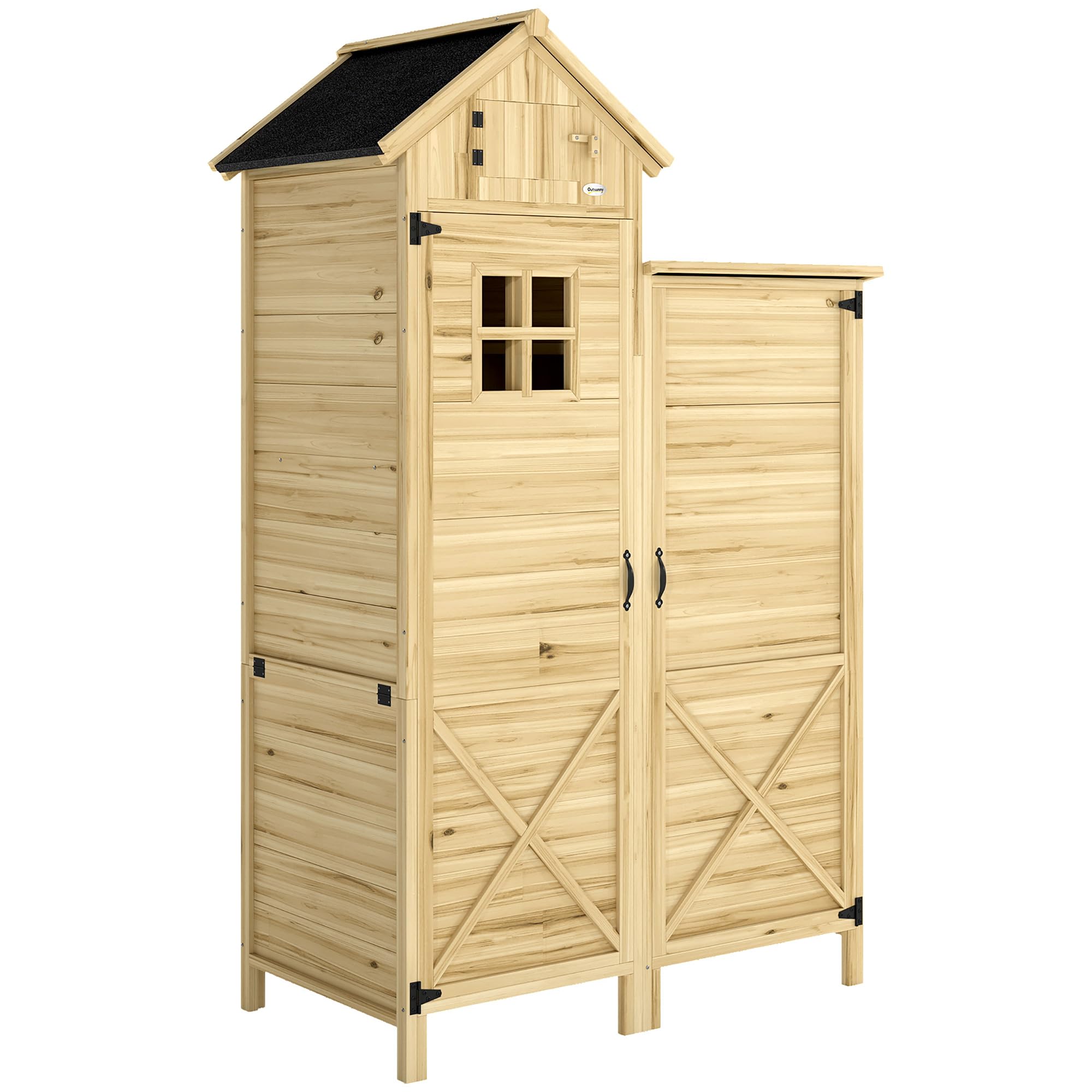 Outsunny Armadio da Giardino in Legno di Abete Design a Doppia Zona, Casetta Porta Attrezzi da Esterno con Ripiani Amovibili, Finestre, Porte, Tetto Asfaltato Inclinato, 106x57x167 cm, Color Legno