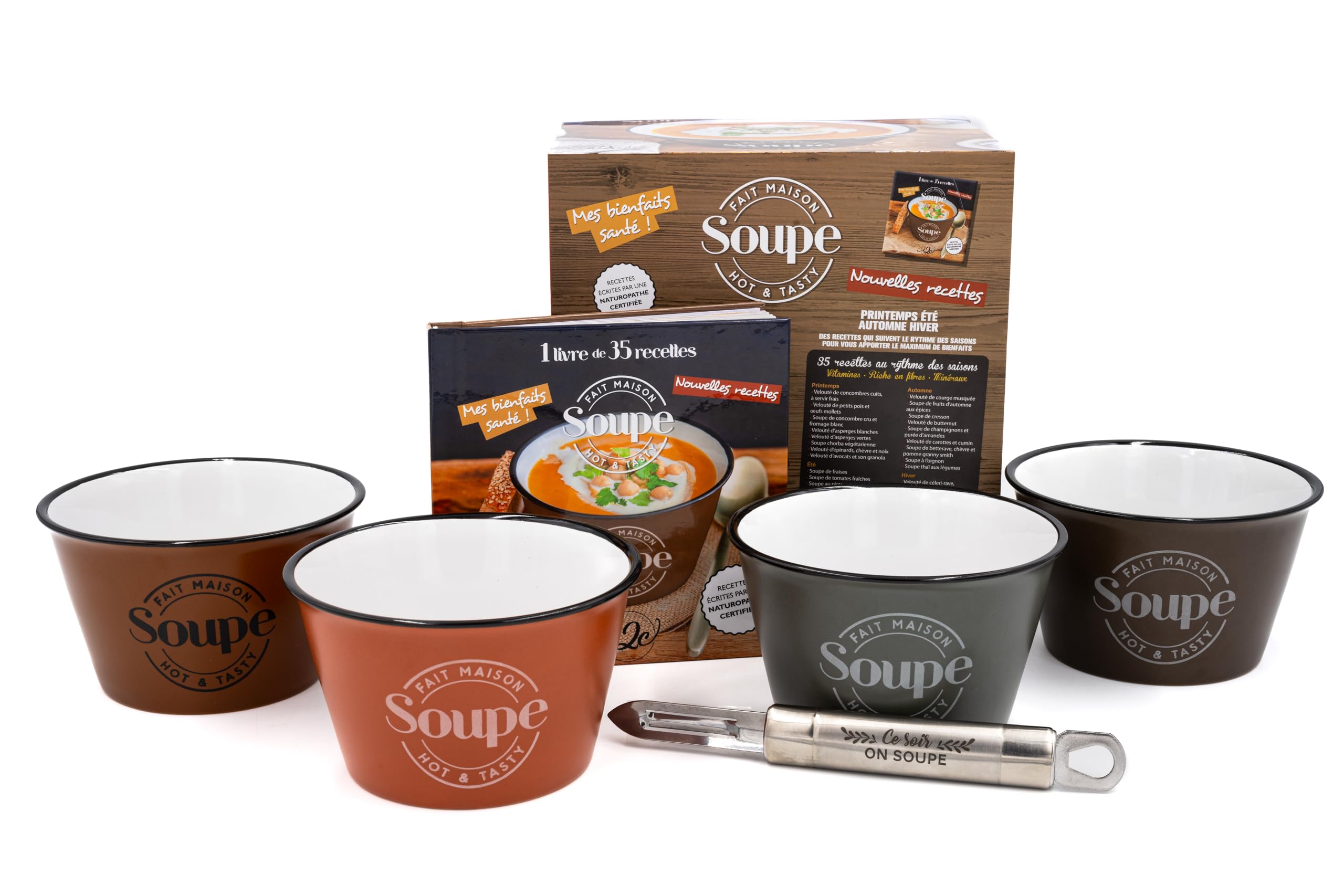 Coffret Ce soir, on soupe ! 2024: Avec 4 bols en céramique, finition mate de 500 ml, 1 couteau éplucheur gravé en inox et 1 livre de 35 recettes qui suivent le rythme des saisons