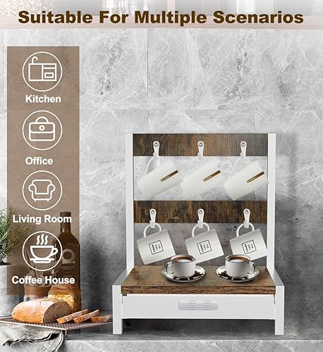 Miniatura 7 de Soporte para taza de café para encimera, bandeja de cajón de cápsulas de café con 6 ganchos y capacidad de 35 cápsulas, organizador de madera