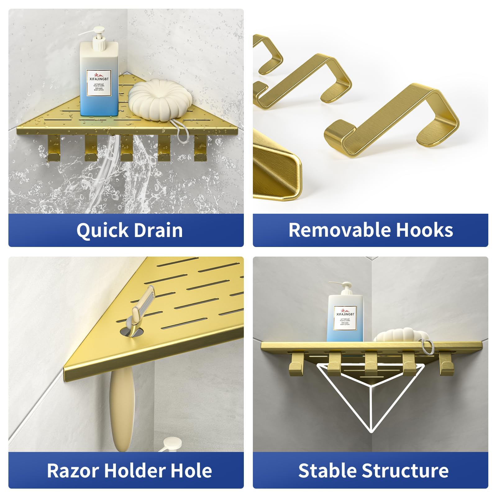 Estantería esquinera de Ducha con Ganchos de Acero Inoxidable 304, para Paredes de Azulejos, empotrable, para renovación de baño,el Dorado | Estante de ducha de 25,4 cm para renovación de baño, estante de esquina para pared de azulejos, color dorado