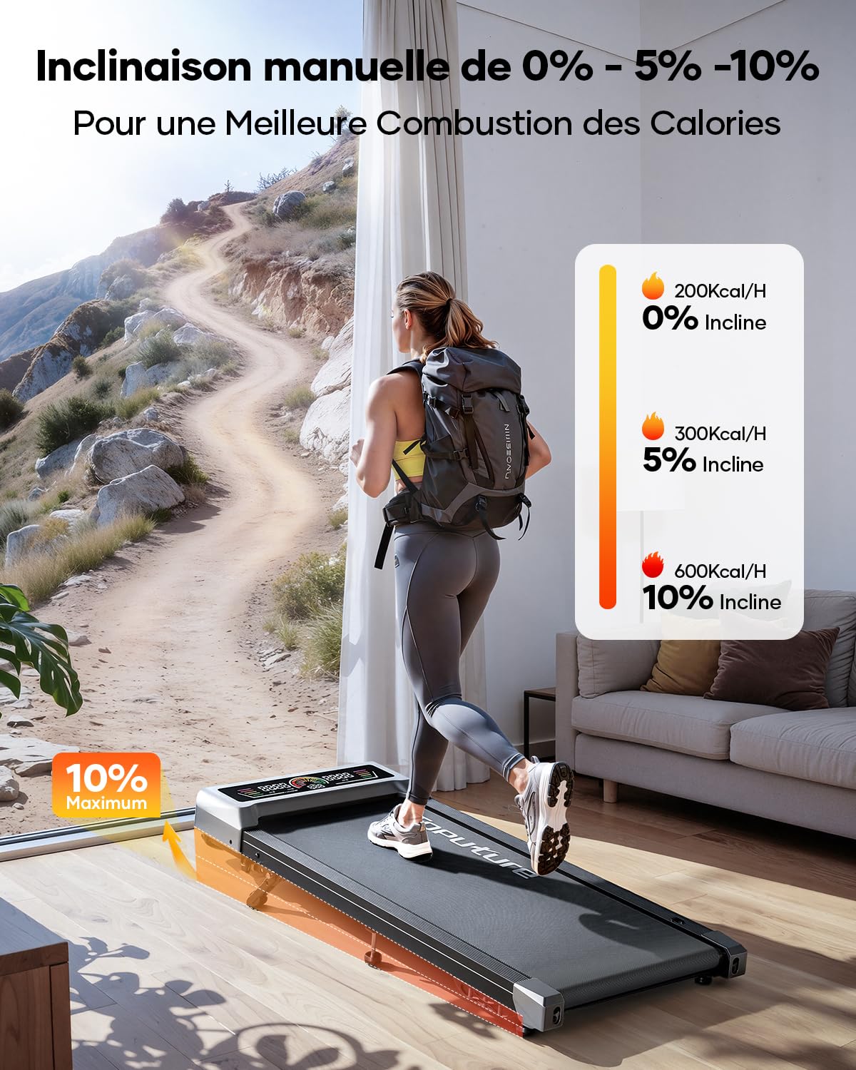 Tapis de Course électrique 2 en 1, 3.0 HP, Pente 0-5-10%, Vitesse 1-10 km/h, Compact sous Bureau
