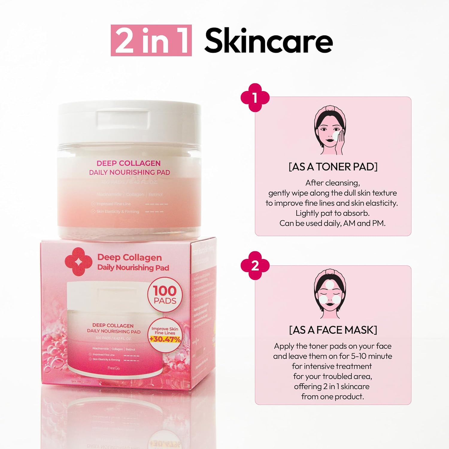 FreeGo Deep Collagen Daily Nourishing Pad (100 Pads), K-Beauty Korean Facial Toner Pads for Dull and Coarse Skin, Instant Bouncy Skin Firming, Korean Skin Care - Image 7