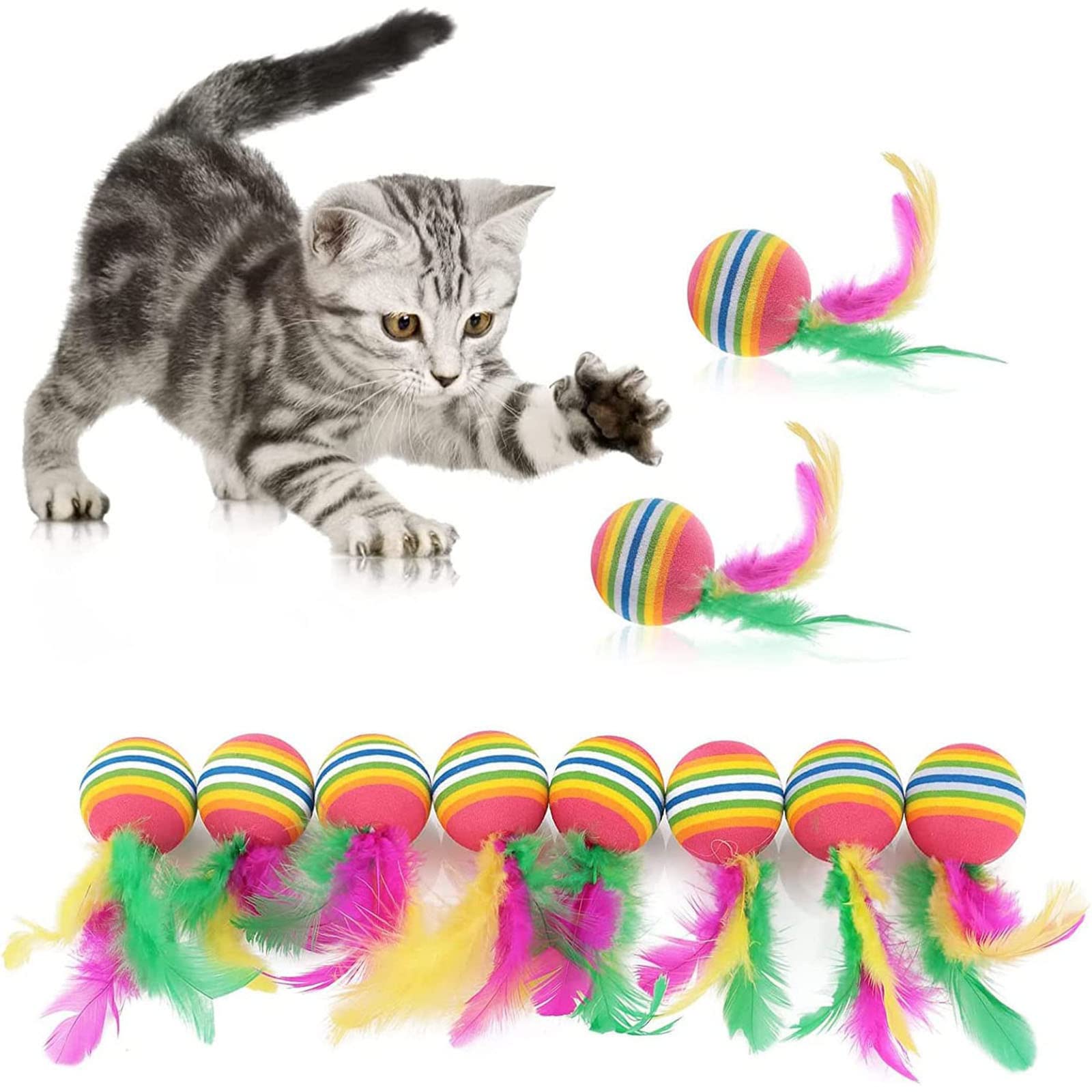 Pack of 10 Cat Toy Balls with Feather Rainbow Cat Balls Toy Interactive Kitten Toy Colourful Balls for Indoor Hunting Kitten Chew Training