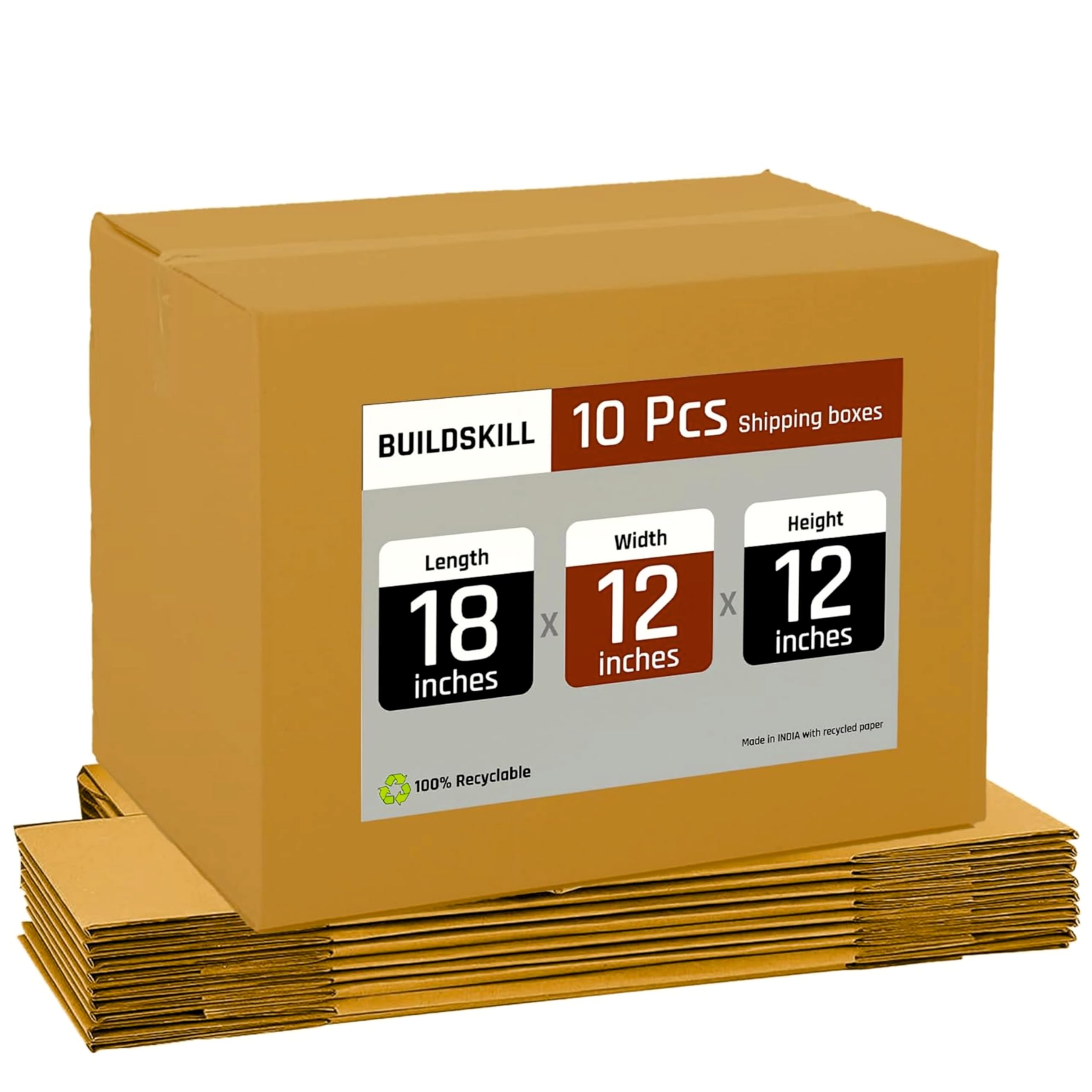 BUILDSKILL Pack of 10 | 5 Ply | 18"X12"X12" Cardboard Boxes for Packaging | Brown Corrugated Box for Packing | Shipping | Home Shifting | Parcel | Courier Packing box | Large Carton Box | Recycled