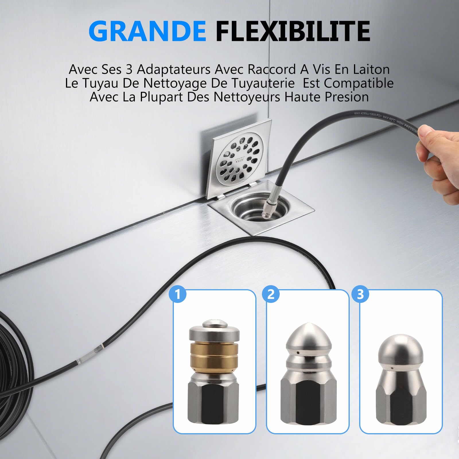 Tubo per la pulizia dei tubi, 30 m, ad alta pressione, 210 bar, 60 °C, con adattatore, ugelli rigidi e rotanti, custodia, prolunga per tubo Kärcher compatibile con Kärcher K2-K7 Lavor, Bosch, Parkside