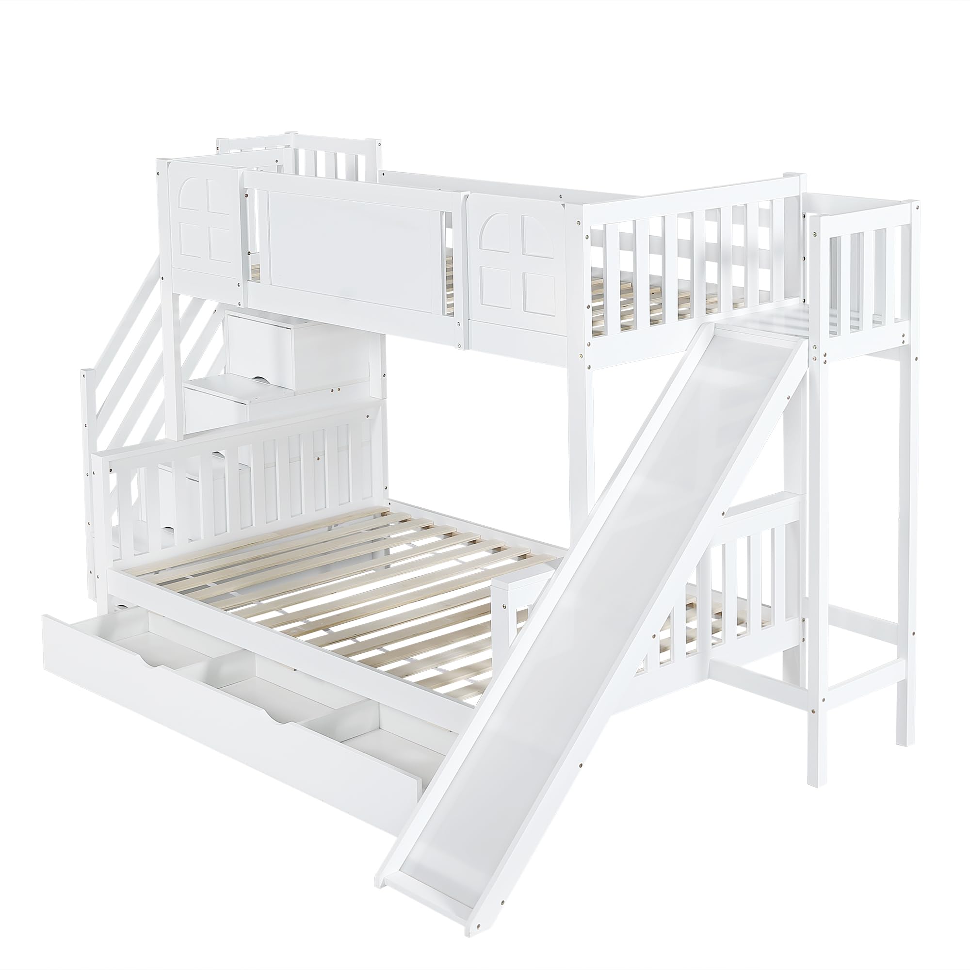 Etagenbett, Kinderbett Mit Fenster, Schubladen mit Rollen, Treppen mit Handlauf