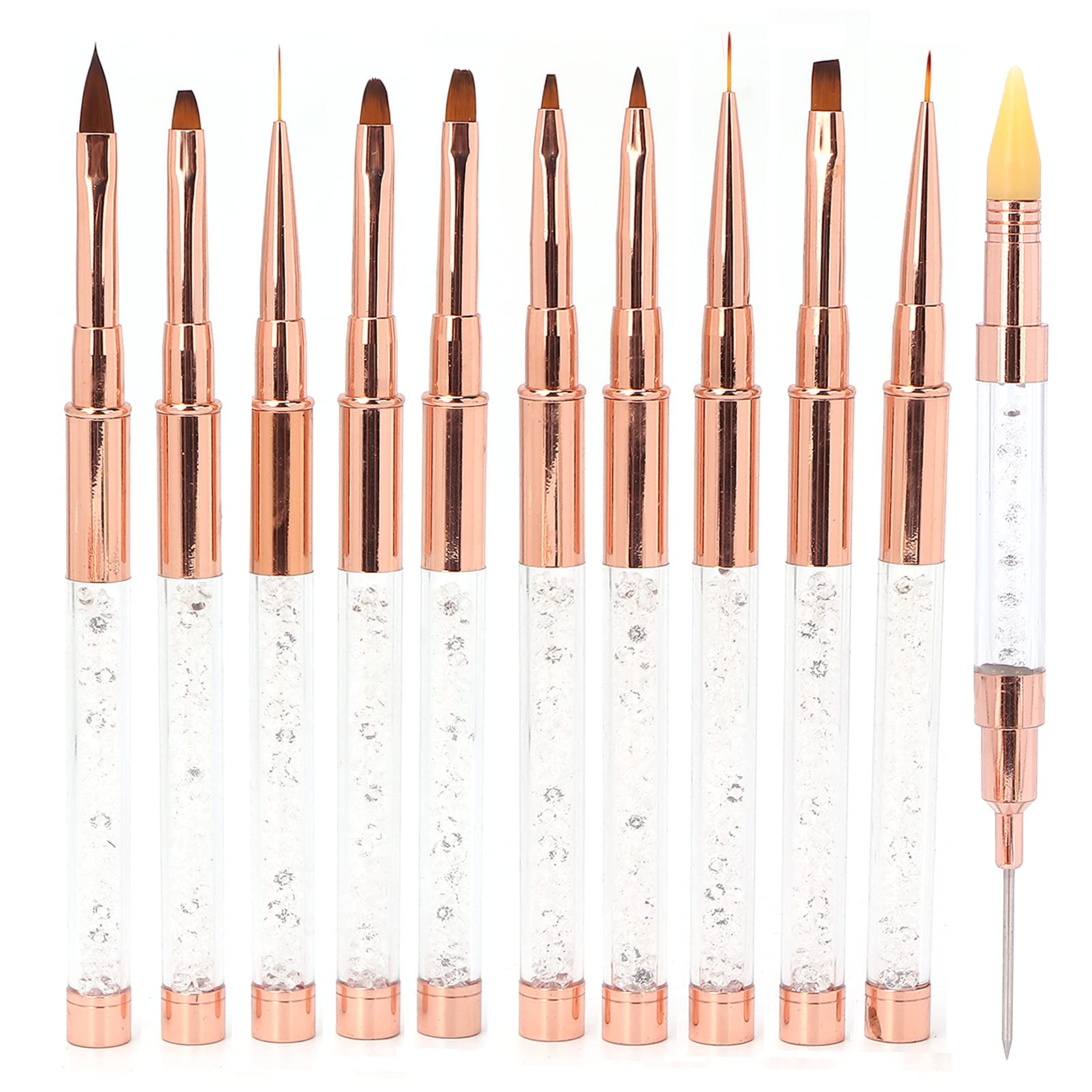 Set di Pennelli per Nail Art 11 Pezzi per il Design Professionale delle unghie. Elegante Kit di Penne a Doppia Testa con Capelli in Nylon e Manico in