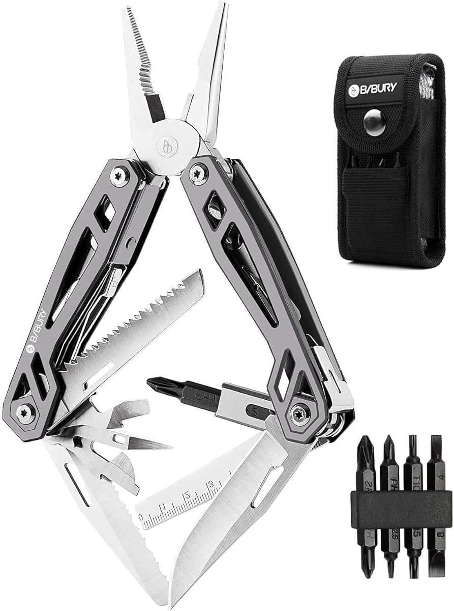 BIBURY Multitool 21 in 1, Geschenke für Männer, Multi-Tool mit Zange Klappmesser, Faltbares Multifunktion Zange Werkzeug mit 4 Bit & Tragbare Tasche für Outdoor Camping, Reparieren-Schwarzer Rand