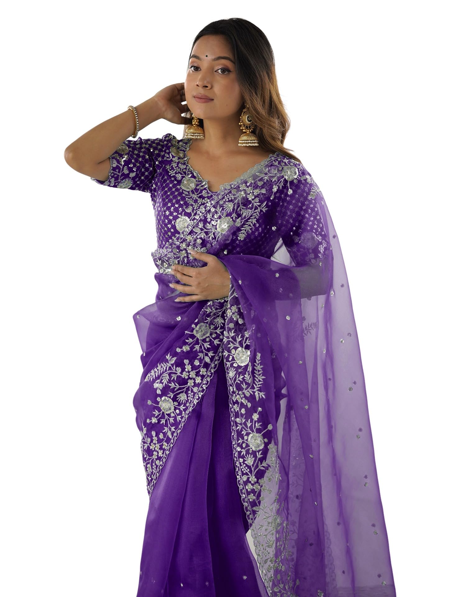 SIRIL Women's Organza Sequence Embroidery Saree With Unstitched Blouse Piece