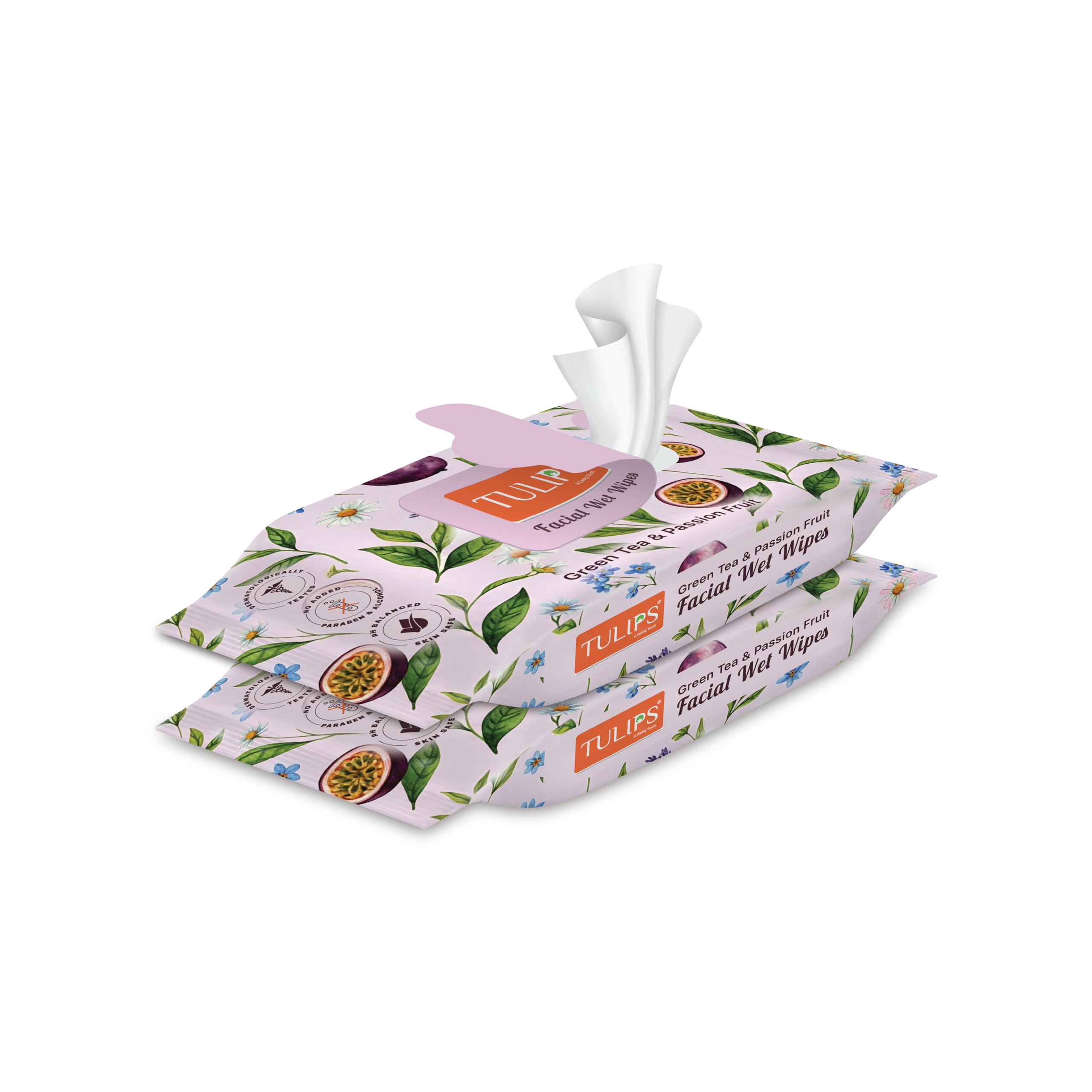 Tulips Facial/ Refreshing Wet Wipes I Daily Cleansing Face Wipes I Light Makeup Remover Wipes I Wet Tissues for Face enriched with Green Tea & Passion Fruit I All SKin Type Wet Wipes for Men Women & Teenage I 25 Wipes each Pack of 2-image-9