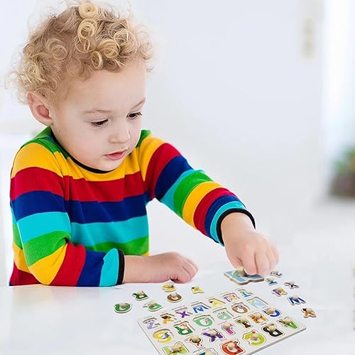 Miniatura 5 de Paquete de 2 rompecabezas de madera para niños pequeños de 1 a 3 años, rompecabezas de clavijas del alfabeto y números con tablero de dibujo,