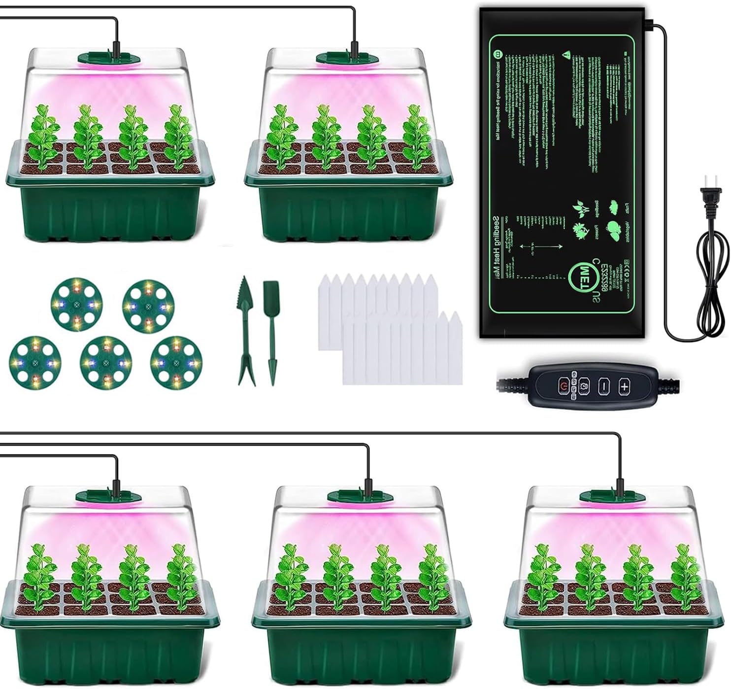 FINEST+ Seed Starter Tray with Heat Mat and Grow Light,5 Pack Seedling Starter Trays with Time Controller,Seedling Starter Tray with Adjustable Brightness,Seed Starting Kit with Adjustable Humidity