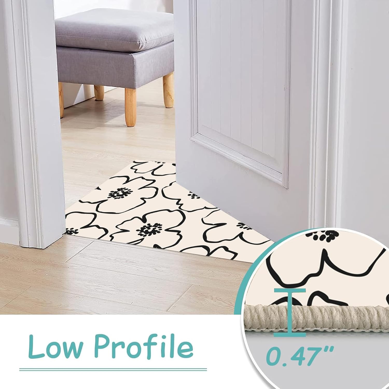 Floral Rug, 5 x 8ft Living Room Area Rug Bedroom Mat with Non Slip Rubber Backing, Machine Washable Floor Carpet for Dining Room Home Office
