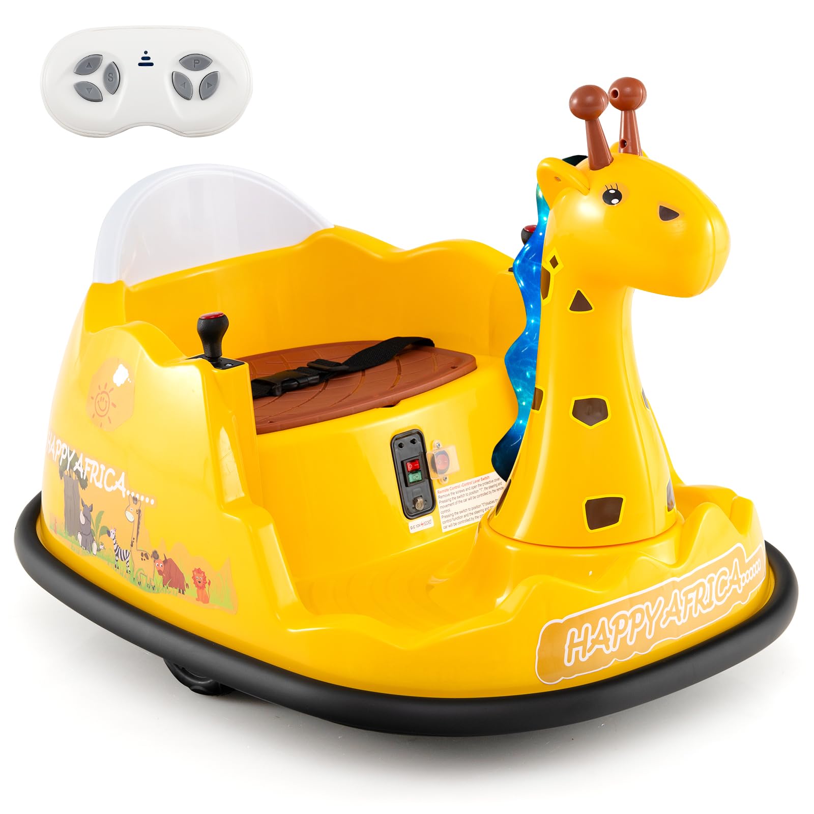COSTWAY 12V Bumper Car, 360 Rotation Spin Kids Electric Ride on Car with Remote Control, Flashing Lights, Music, Battery Powered Ride on Toy for 2-5 Years Old (Giraffe)