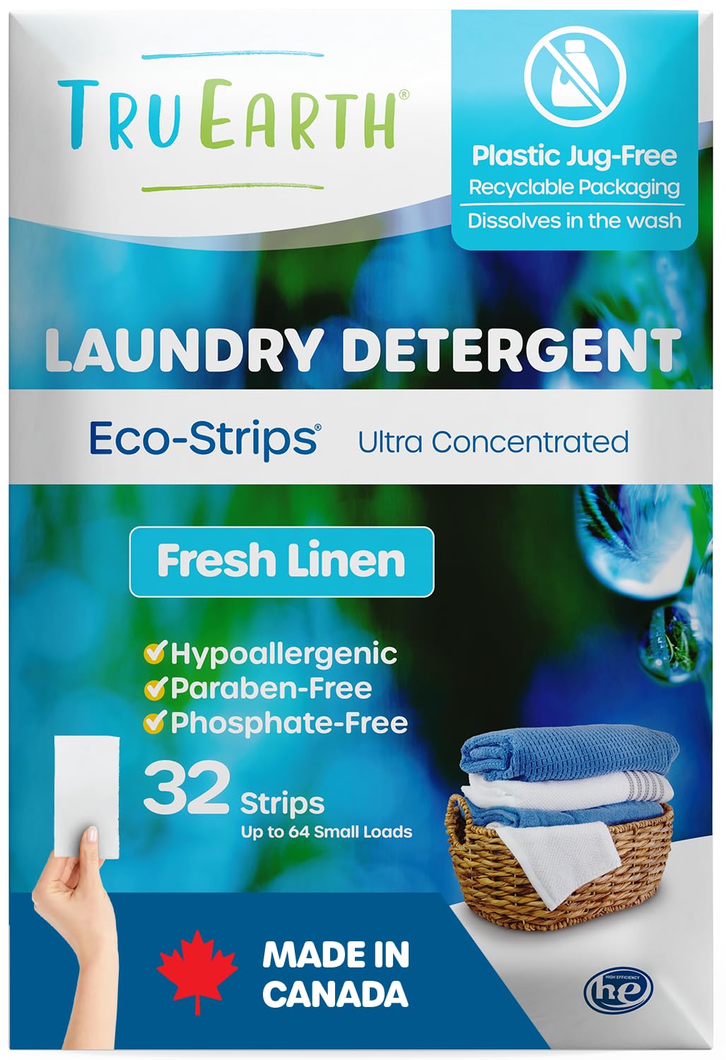 Tru Earth Compact Dry Laundry Detergent Sheets (Made in Canada) - Up to 64 Loads (32 Sheets) - Paraben-Free - Original Eco-Strip Liquidless Laundry Detergent, Travel Laundry Sheets - Fresh Linen