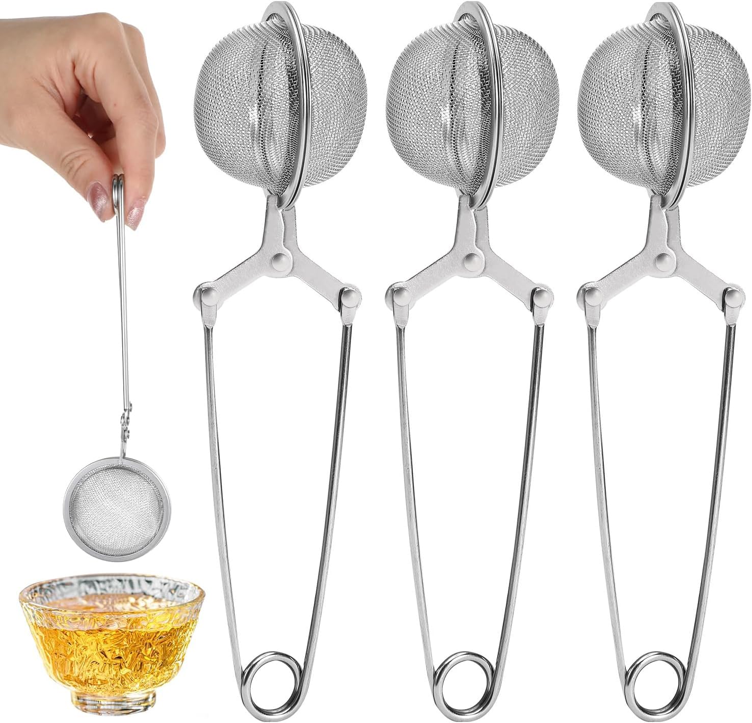 3 Pcs Mesh Snap Ball Tea Strainer with Handle, Perfect for infusing Loose Leaf Tea and Herbal teas, can Also be Used for Herbs and Spices, Silver