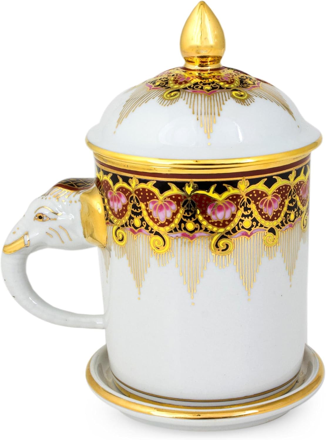 NOVICA Artisan Handmade Benjarong Porcelain Mug White Elephant Coffee Lid with Gold Paint Pink Thailand Tableware Dinnerware Mugs Cups East Meets West Animal Themed Bohemian [5.75in H x 4.9in W x 3.1]