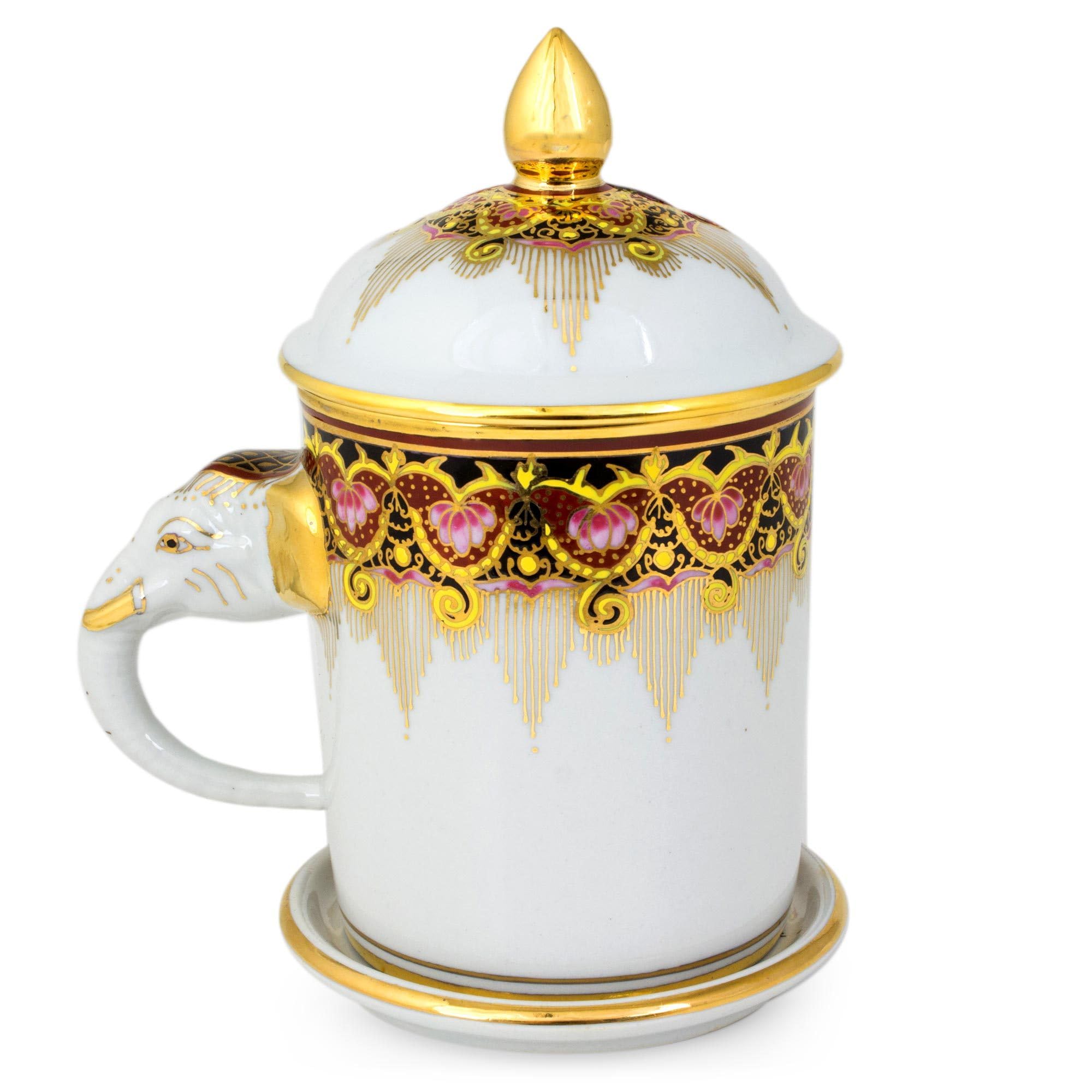 NOVICA Artisan Handmade Benjarong Porcelain Mug White Elephant Coffee Lid with Gold Paint Pink Thailand Tableware Dinnerware Mugs Cups East Meets West Animal Themed Bohemian [5.75in H x 4.9in W x 3.1]