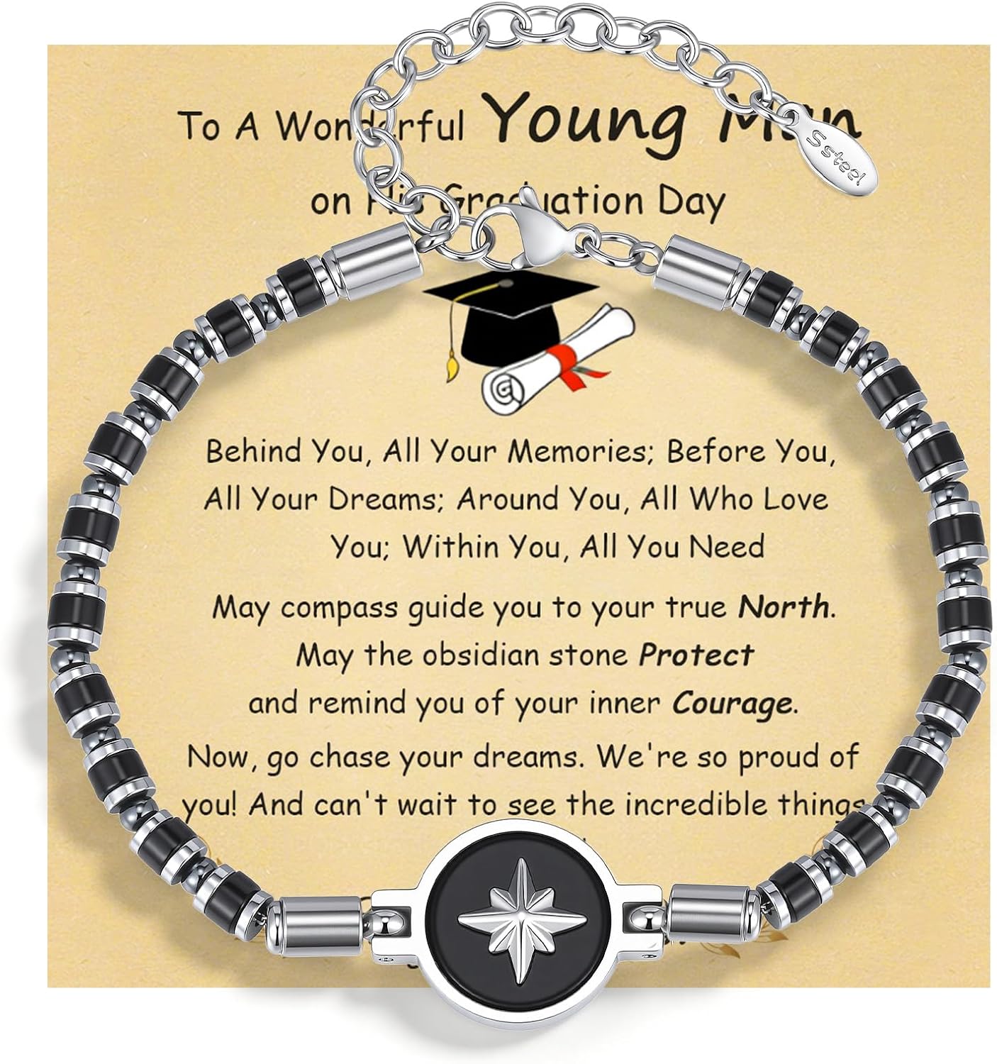 Graduation Gifts For Men Him-Inspirational Class of 2026 Graduate Bracelets,Adjustable Compass Bead Bracelet with Natural Stone,High School College Grads Gift for Son,Grandson,Boyfriend,Brother,Nephew