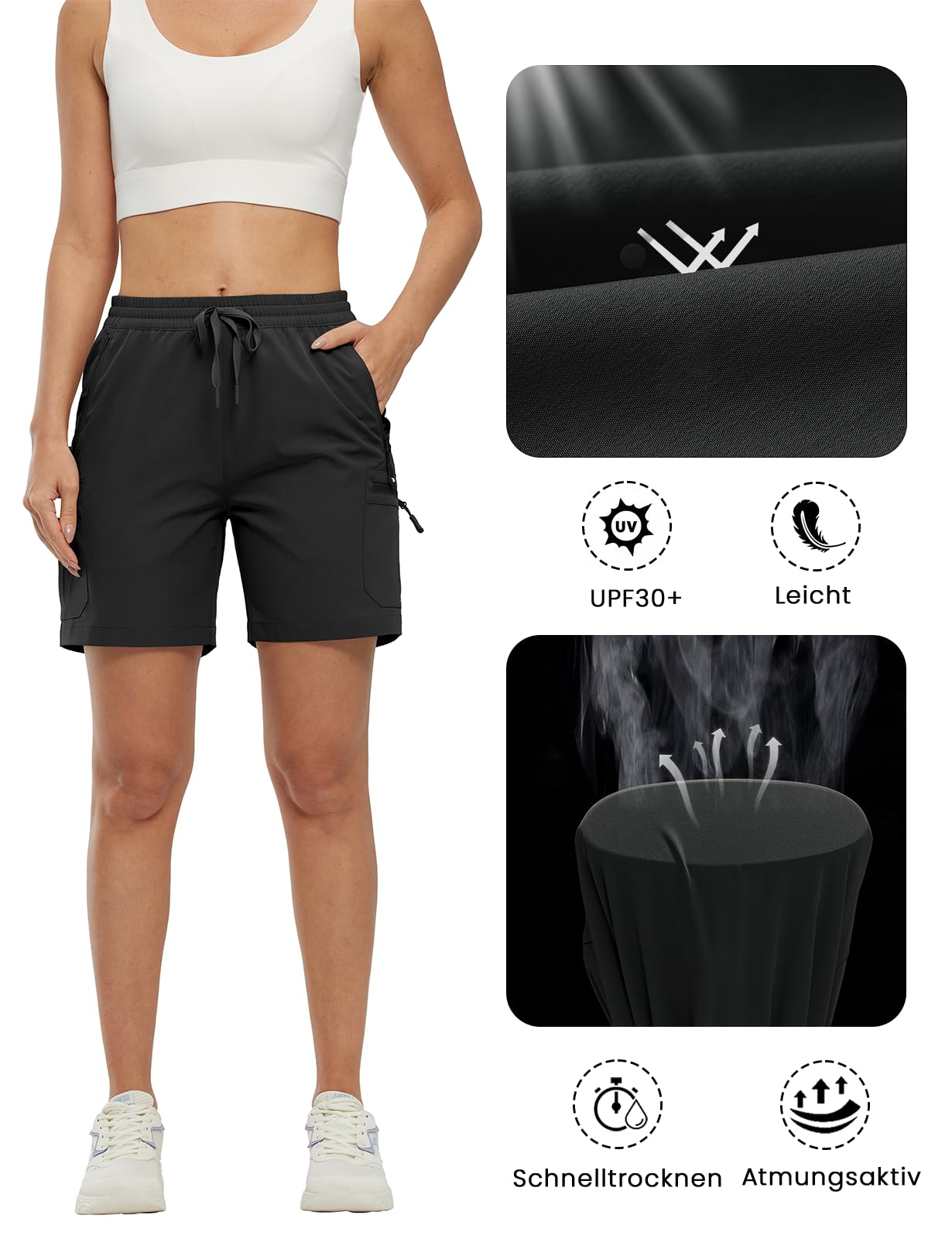 YSENTO Damen Wanderhose Kurz Sommer Leichte Cargohose Sporthose Arbeitshose Schnelltrocknend Atmungsaktiv Outdoor Shorts(Schwarz,L)