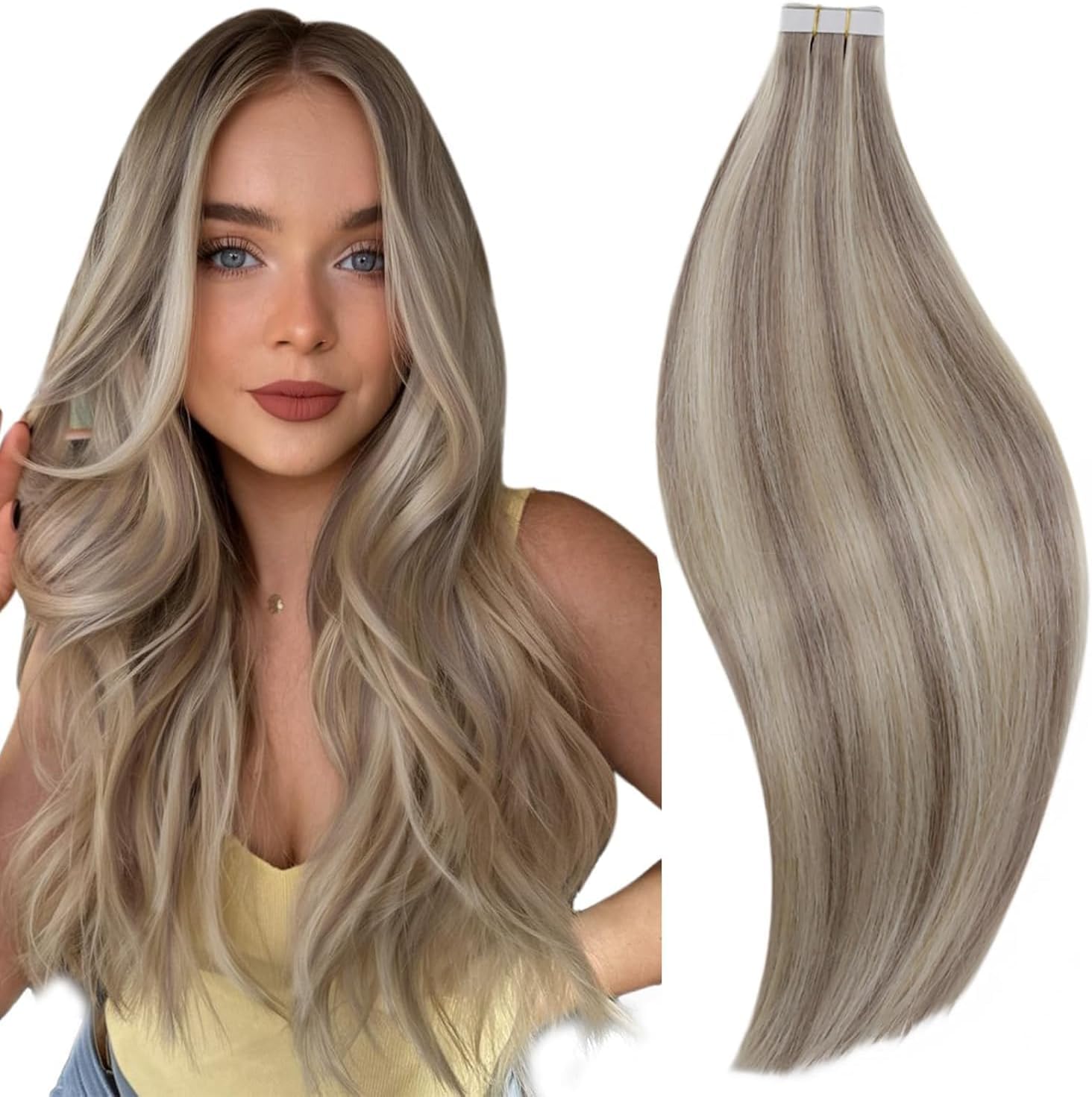 RUNATURE Blonde Tape Hair Extensions Real Human Hair Tape in Hair Extensions Human Hair Invisible Tapes Remy Straight White Blonde Hair 20pcs 50g 18 Inch #800 — view 34