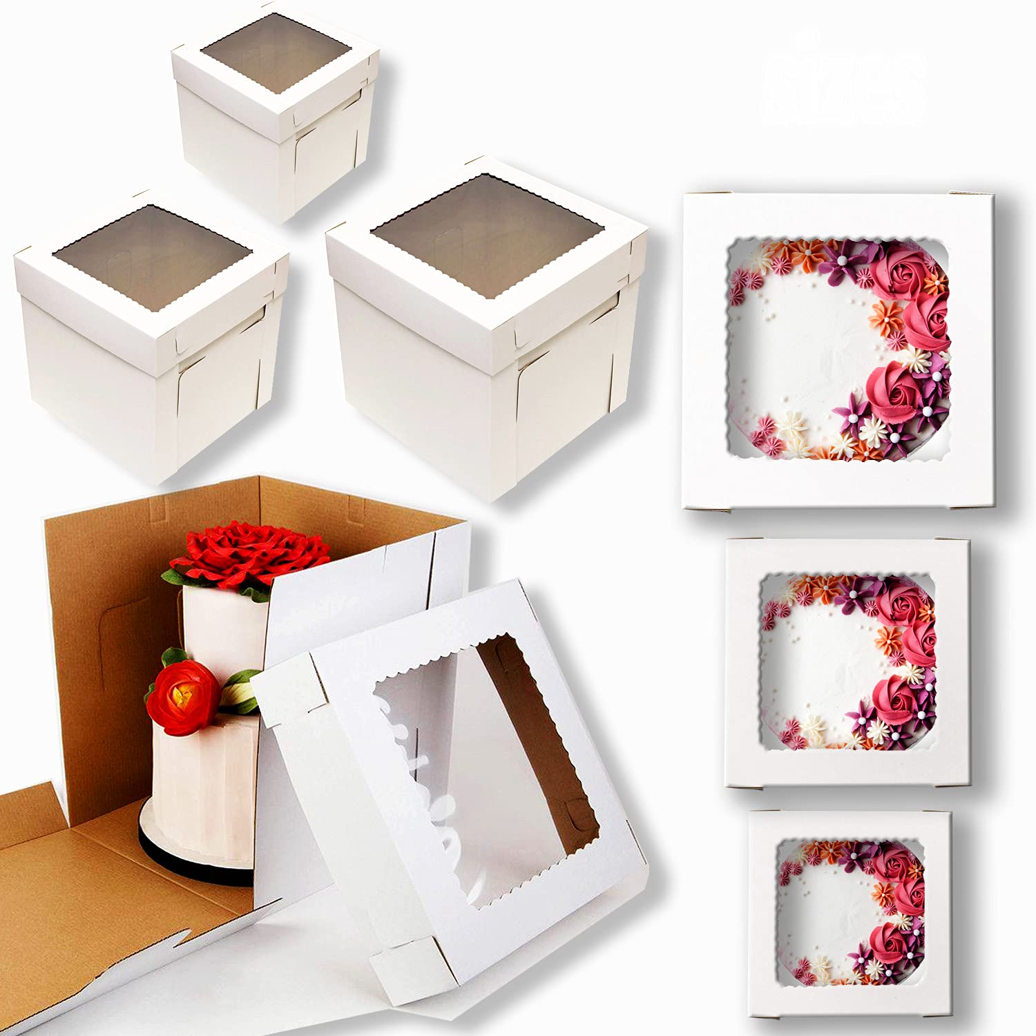 VTPT EcomCake Boxes with Window, 6 Sizes, 12pk White Bakery Boxes, Disposable Cake Containers, Dessert Boxes, Tall Cake Shipping Boxes in 12 inch 10 inch 8 inc...