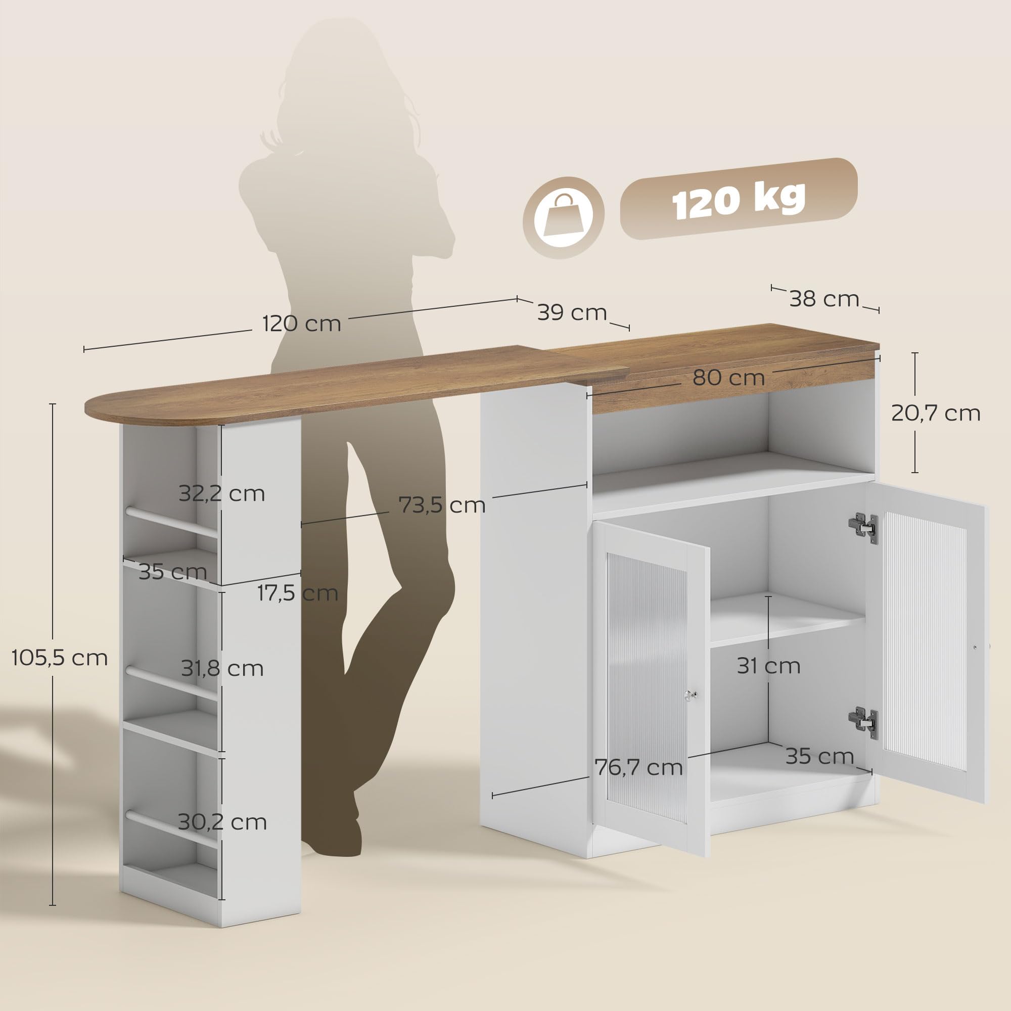 HOMCOM Mesa de Bar Extensible y Giratoria 90°, Mesa Alta Cocina con Estantes Abiertos y 2 Puertas de Vidrio para Comedor, 150x80x105,5 cm, Blanco y Natural
