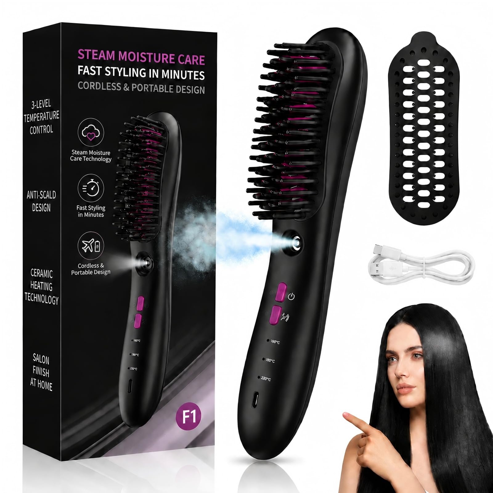 Cordless Mist Straightening Comb Portable Steam Hair Straightener Brush 3 Temp Settings Rechargeable Hydrating Electric Spray Technology All Types with Detangling Style Smart