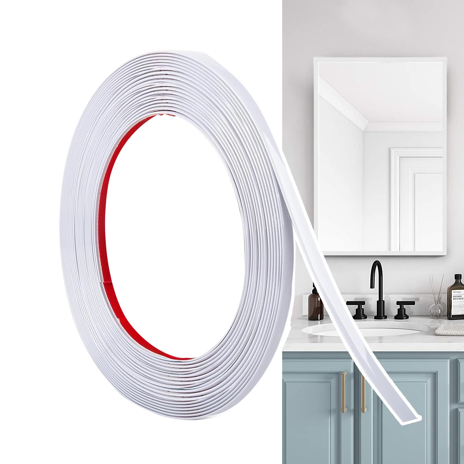 Hengrongshen Self Adhesive Moulding Trim Matte White (12M x 0.65cm) Flexible PVC Peel and Stick Wall Trim Decorative Edge Strip for Wall, Tile, Mirror, Window, Cabinet, Bathroom, DIY Trim