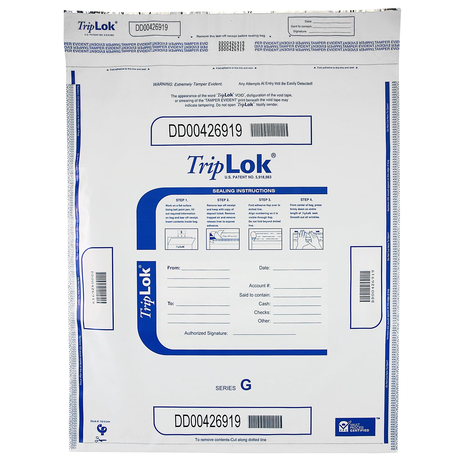 ControlTek TripLok 19" x 24", White, 50 Bags, Tamper-Evident Deposit Bags for Cash Handling & Valuables, Moisture, Heat and Cold Sensitive Ink, Tear-off receipt + Large Barcodes 585058