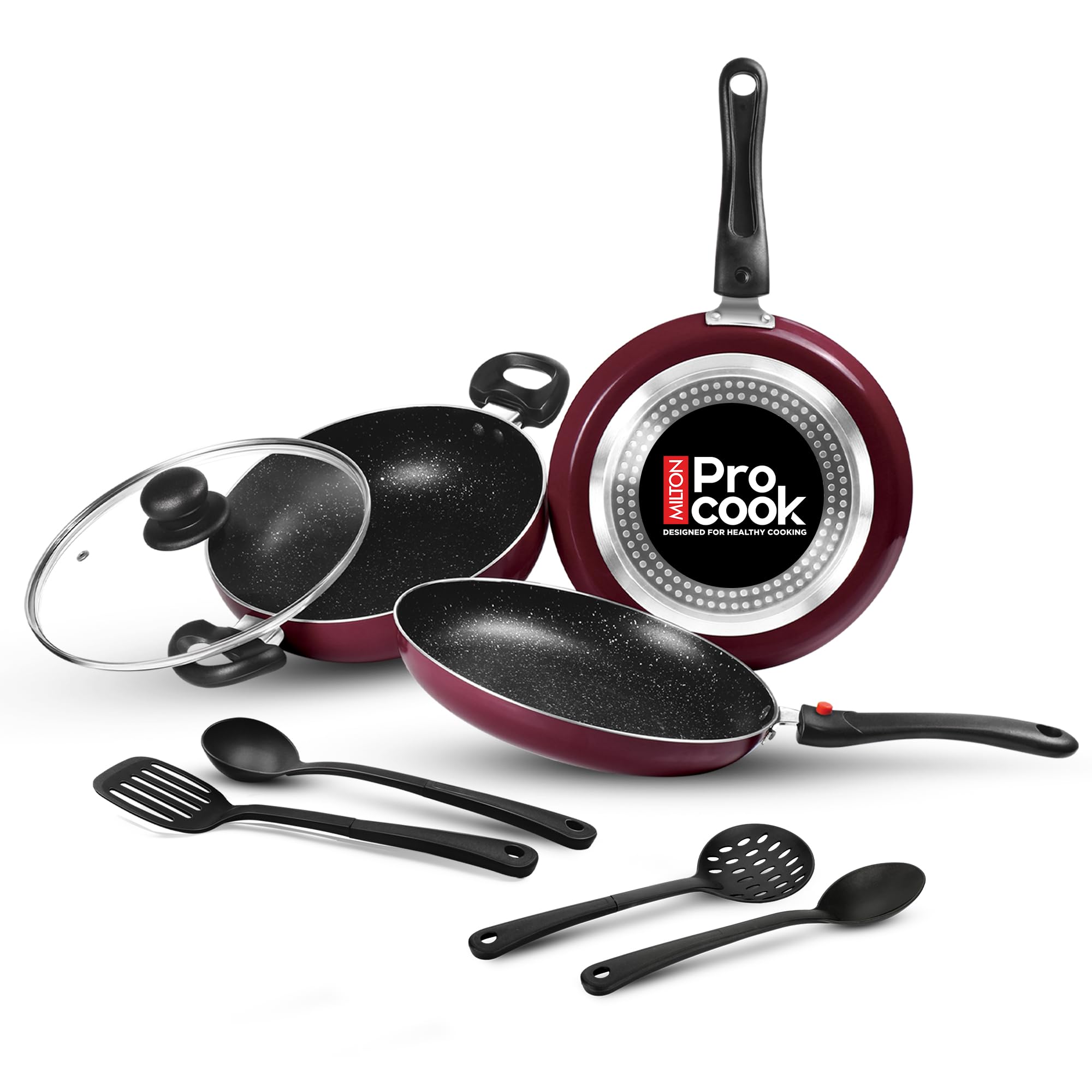 Milton Pro Cook Induction Cookware & Gas Stove Friendly Kitchen Jewel Plus Granito 7 Pc Cookware Set | Fry Pan 24cm | 24cm Kadhai with Glass Lid | Tawa 25cm | 2 Nylon Ladle & Spatula | Peach