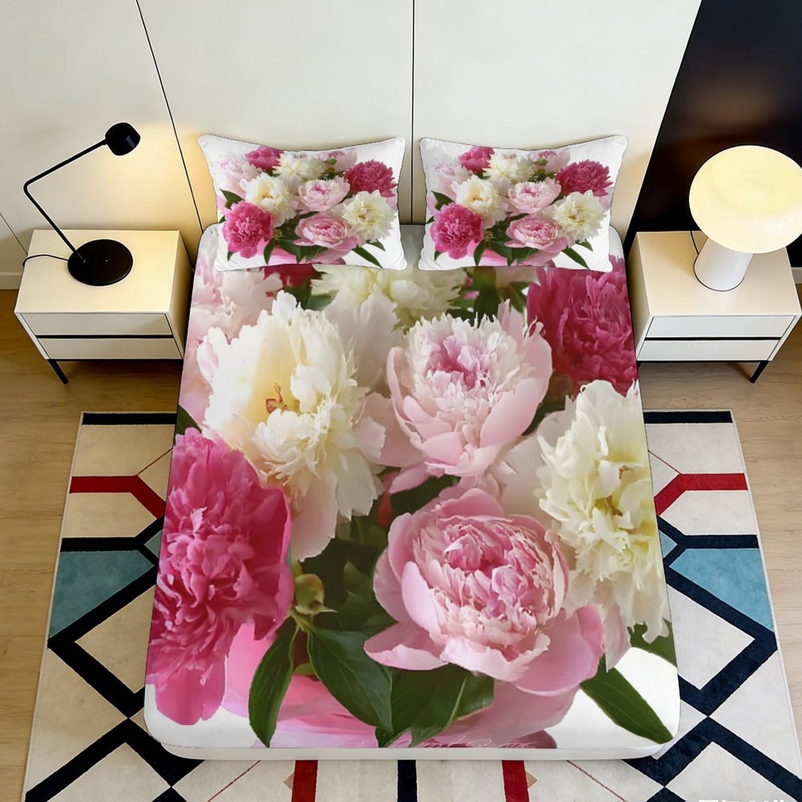 3D Printed Pink Peony Floral Fitted Sheet Microfiber Soft Anti-slip Blossom Bed Cover for Bedroom Dorm Decor 140x200x25cm