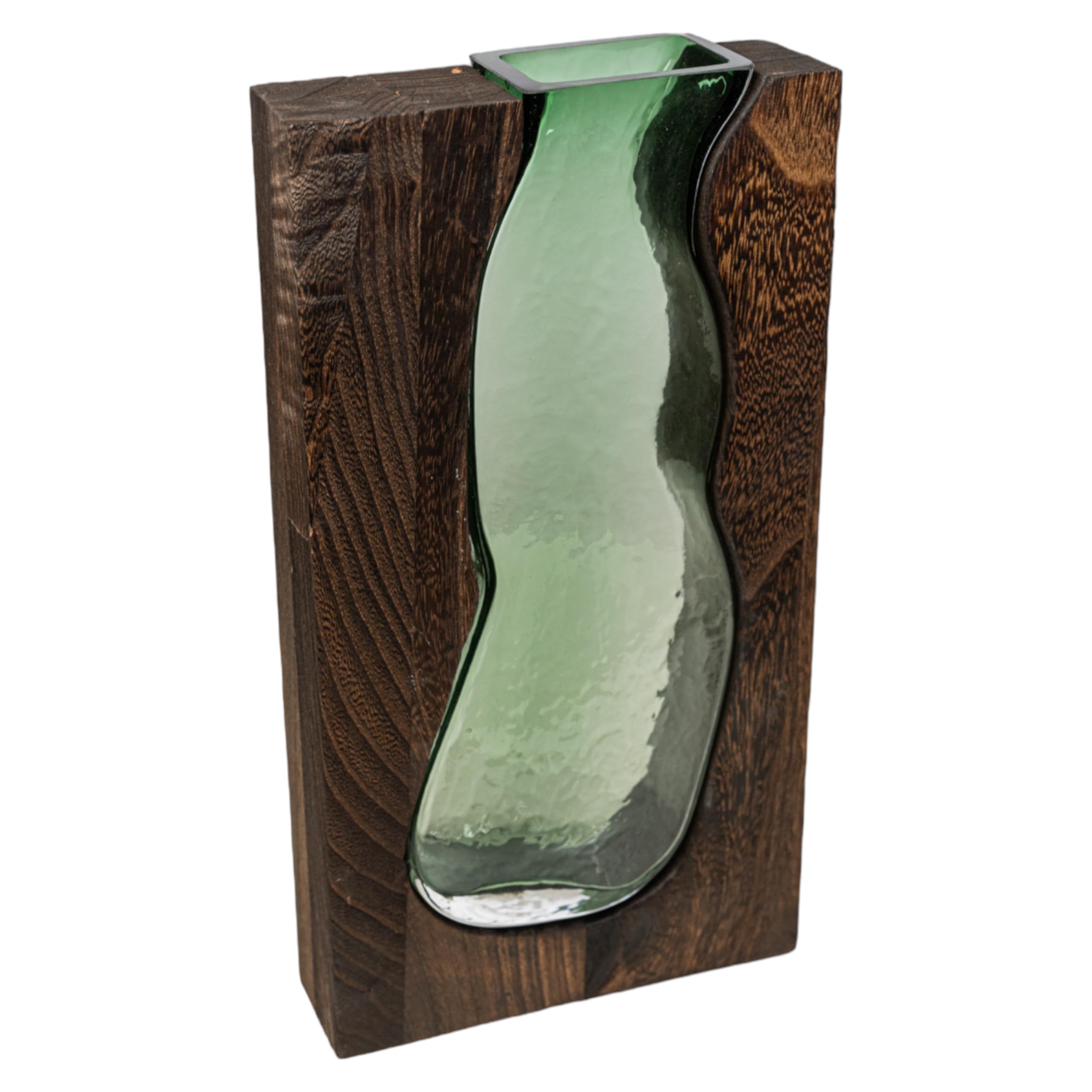 Vase en verre et socle en bois artisanal de haute qualité décorative