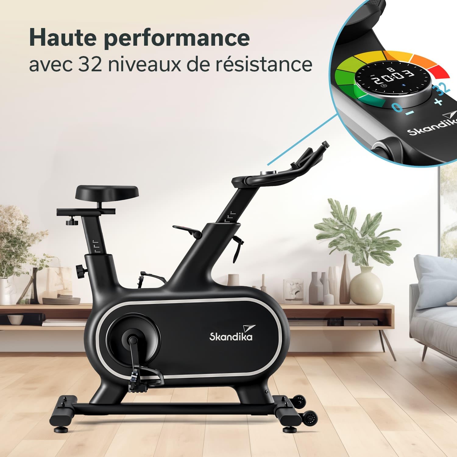Skandika Vélo d'appartement Cykling P12-H, 32 Niveaux de Résistance, Écran LCD, Kinomap, Frein électromagnétique, Guidon ergonomique, Support Tablette, Velo appartement, Selle Réglable, Max 130KG