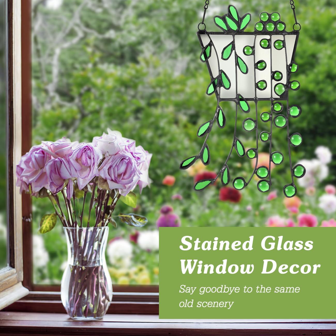 Lewondr Plant Stained Glass Window Hanging, Handcrafted Stained Glass Panels Decoration with Chain and Suction Cup Hook, Artificial Faux Plant Window Home Decor Wall Art for Mom Plant Lovers, Green