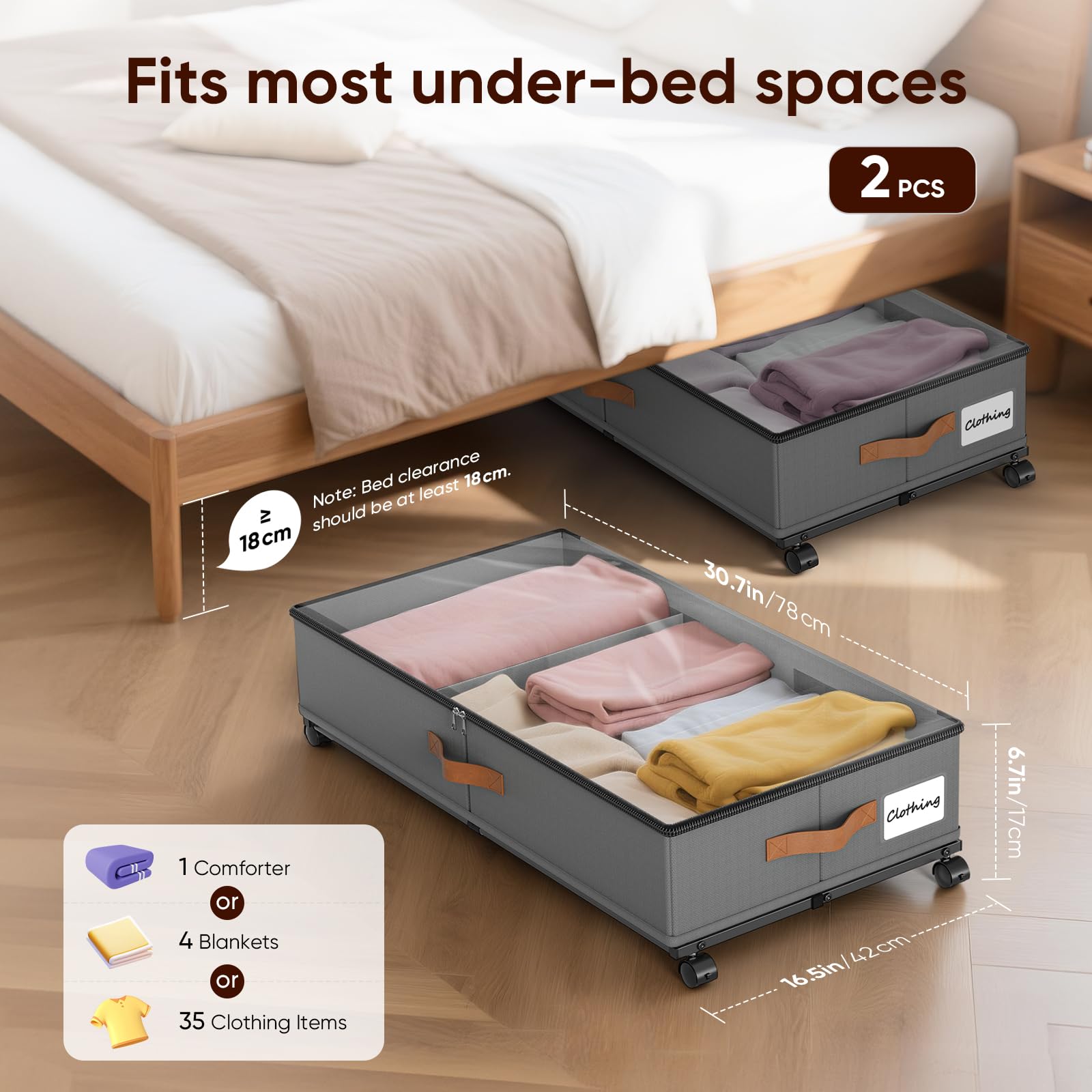 2 Pezzi Scatola per Archiviazione Sotto Letto 48L 78×42×17cm Cassetto Sotto Letto con Ruote Rotazione 360°, Scatola per Archiviazione Sotto Letto con Coperchio in PVC, Scatola per